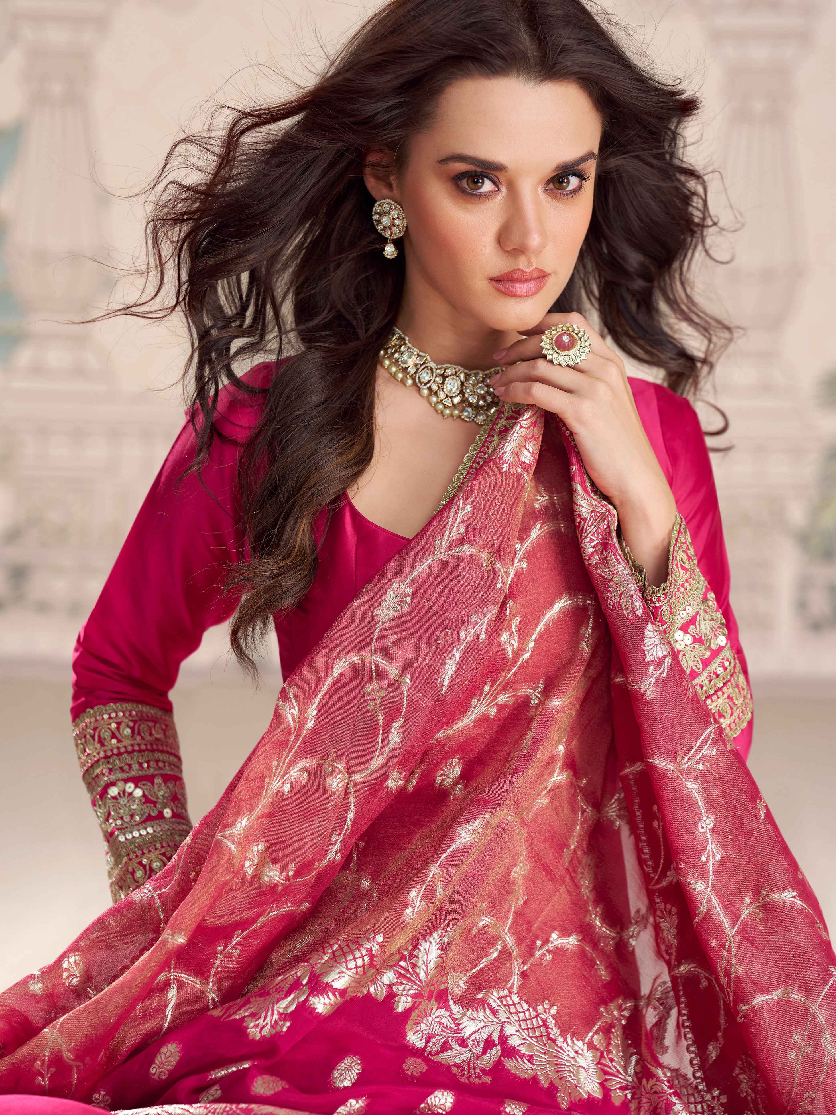 Rani Pink Silk Anarkali Gown with Heavy Jacquard Dupatta Anarkali Gown Anant Tex Exports Pvt.Ltd..
