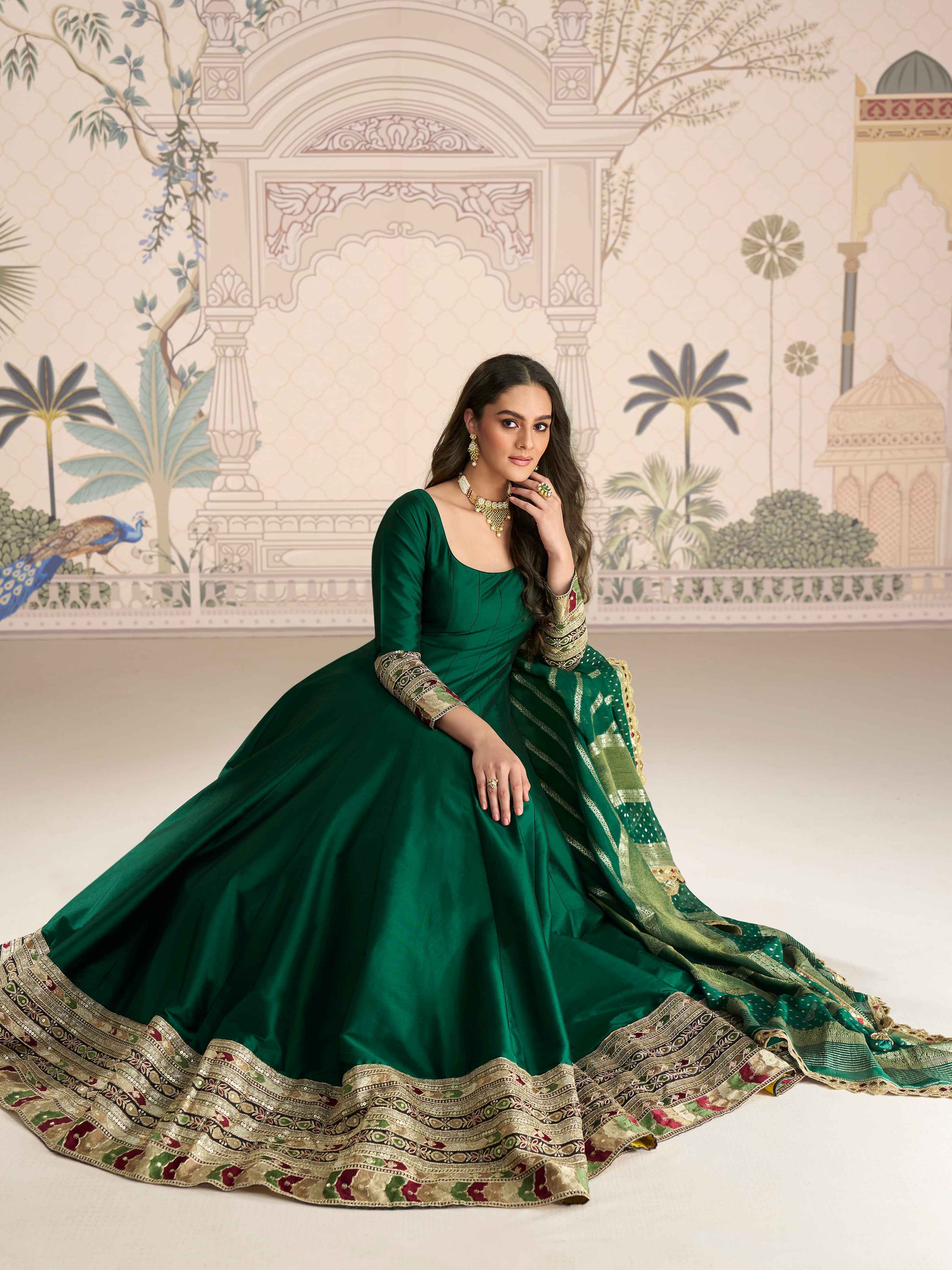 Bottle Green Silk Anarkali Gown with Jacquard Dupatta