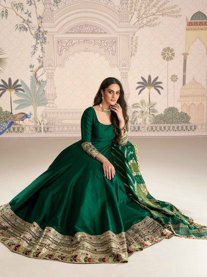 Bottle Green Silk Anarkali Gown with Jacquard Dupatta Anarkali Gown Anant Tex Exports Pvt.Ltd..