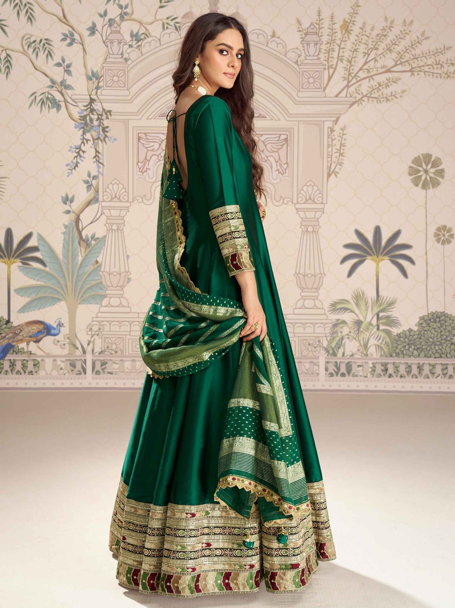 Bottle Green Silk Anarkali Gown with Jacquard Dupatta Anarkali Gown Anant Tex Exports Pvt.Ltd..