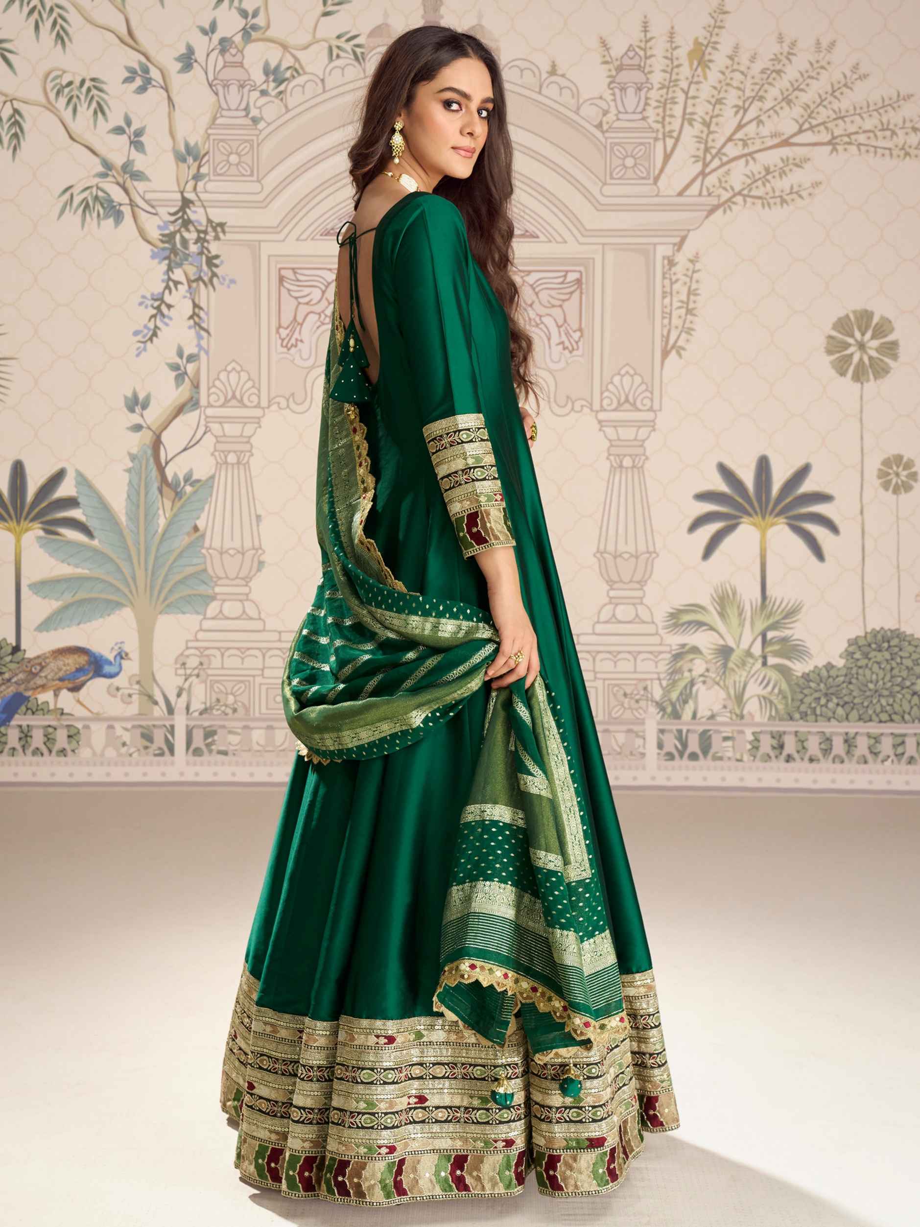 Bottle Green Silk Anarkali Gown with Jacquard Dupatta