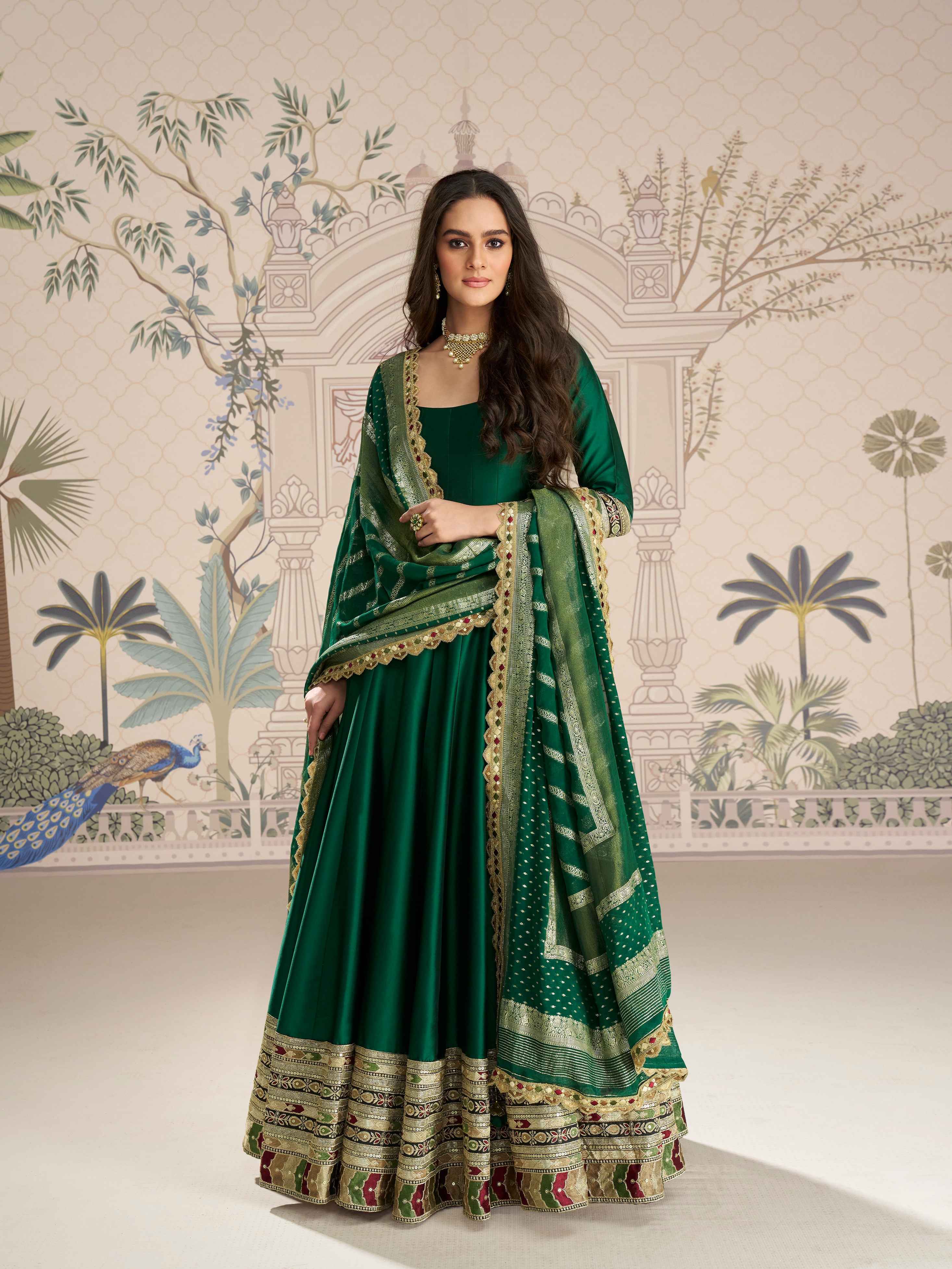 Bottle Green Silk Anarkali Gown with Jacquard Dupatta