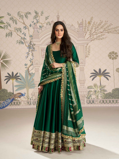 Bottle Green Silk Anarkali Gown with Jacquard Dupatta Anarkali Gown Anant Tex Exports Pvt.Ltd..
