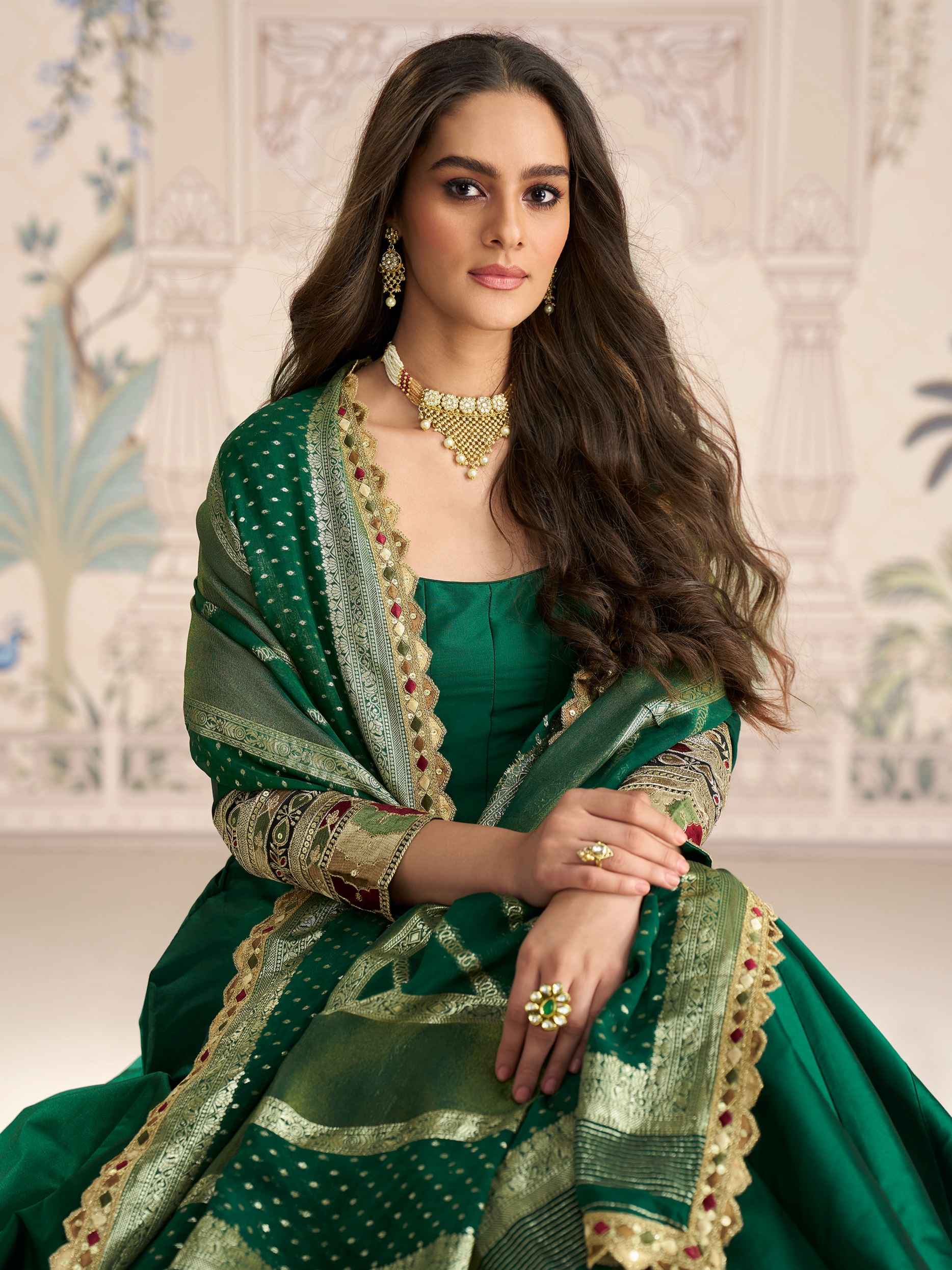 Bottle Green Silk Anarkali Gown with Jacquard Dupatta