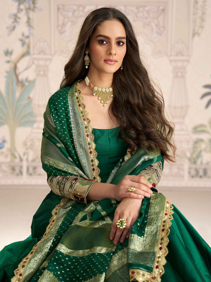 Bottle Green Silk Anarkali Gown with Jacquard Dupatta Anarkali Gown Anant Tex Exports Pvt.Ltd..