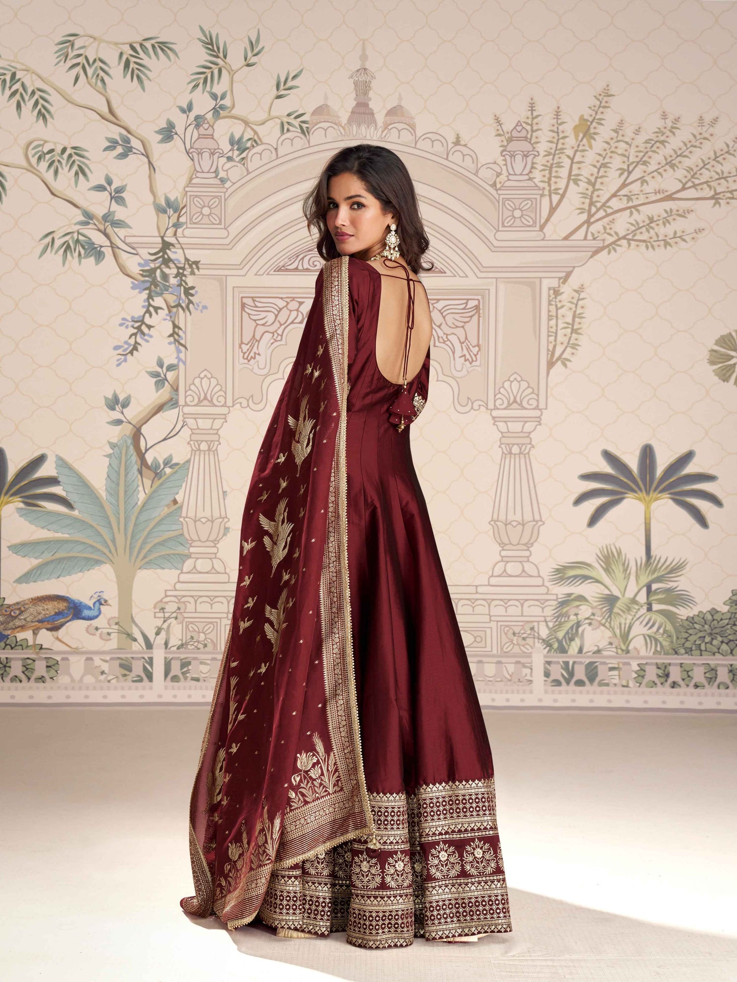 Maroon Silk Anarkali Gown with Embroidered Border Anarkali Gown Anant Tex Exports Pvt.Ltd..