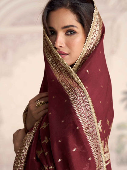 Maroon Silk Anarkali Gown with Embroidered Border Anarkali Gown Anant Tex Exports Pvt.Ltd..
