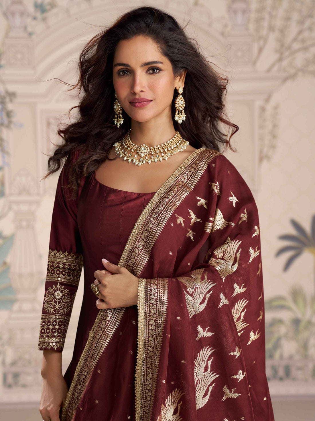 Maroon Silk Anarkali Gown with Embroidered Border Anarkali Gown Anant Tex Exports Pvt.Ltd..