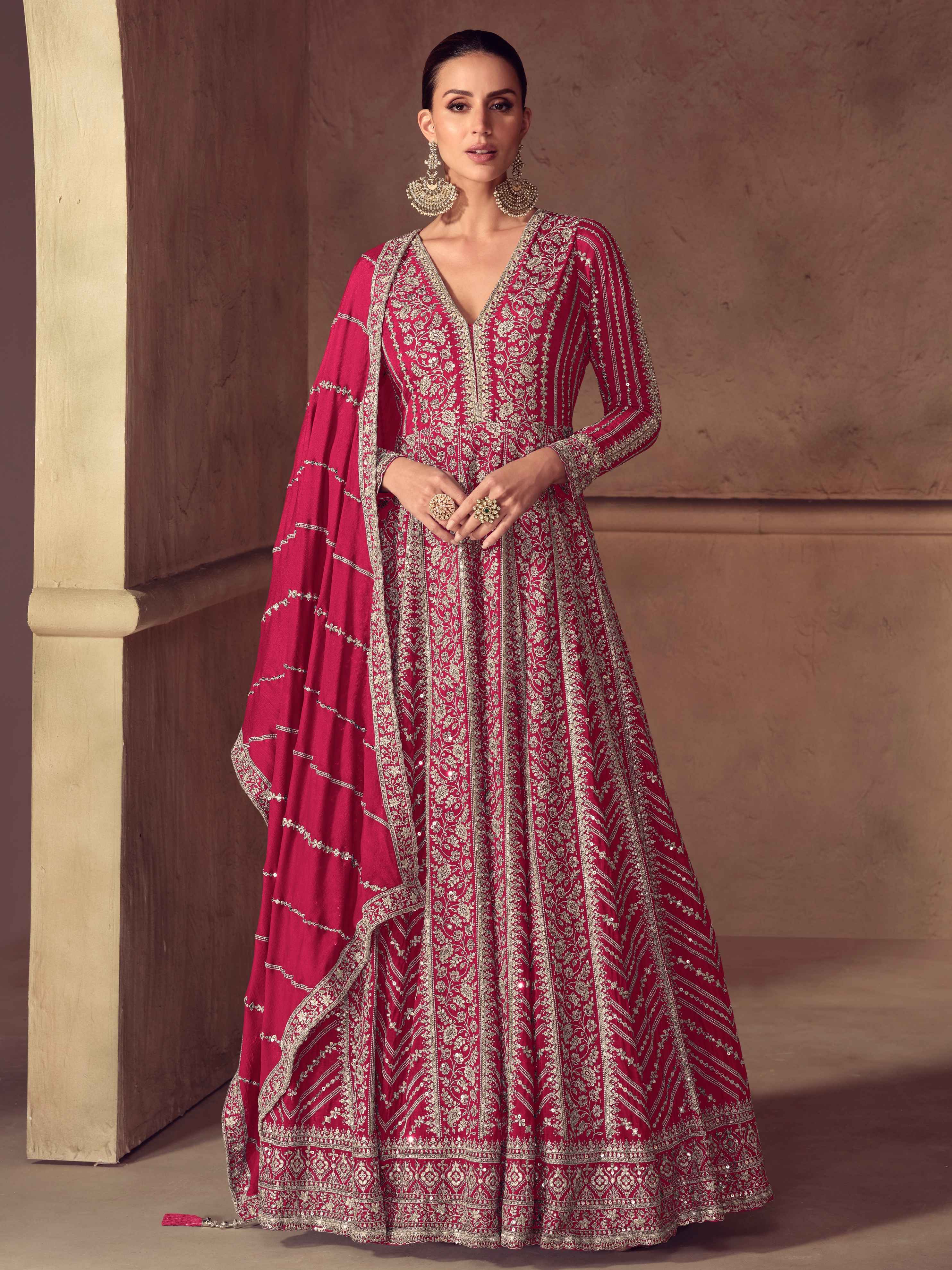 Premium Real Chinon Embroidered Anarkali Gown Set with Dupatta