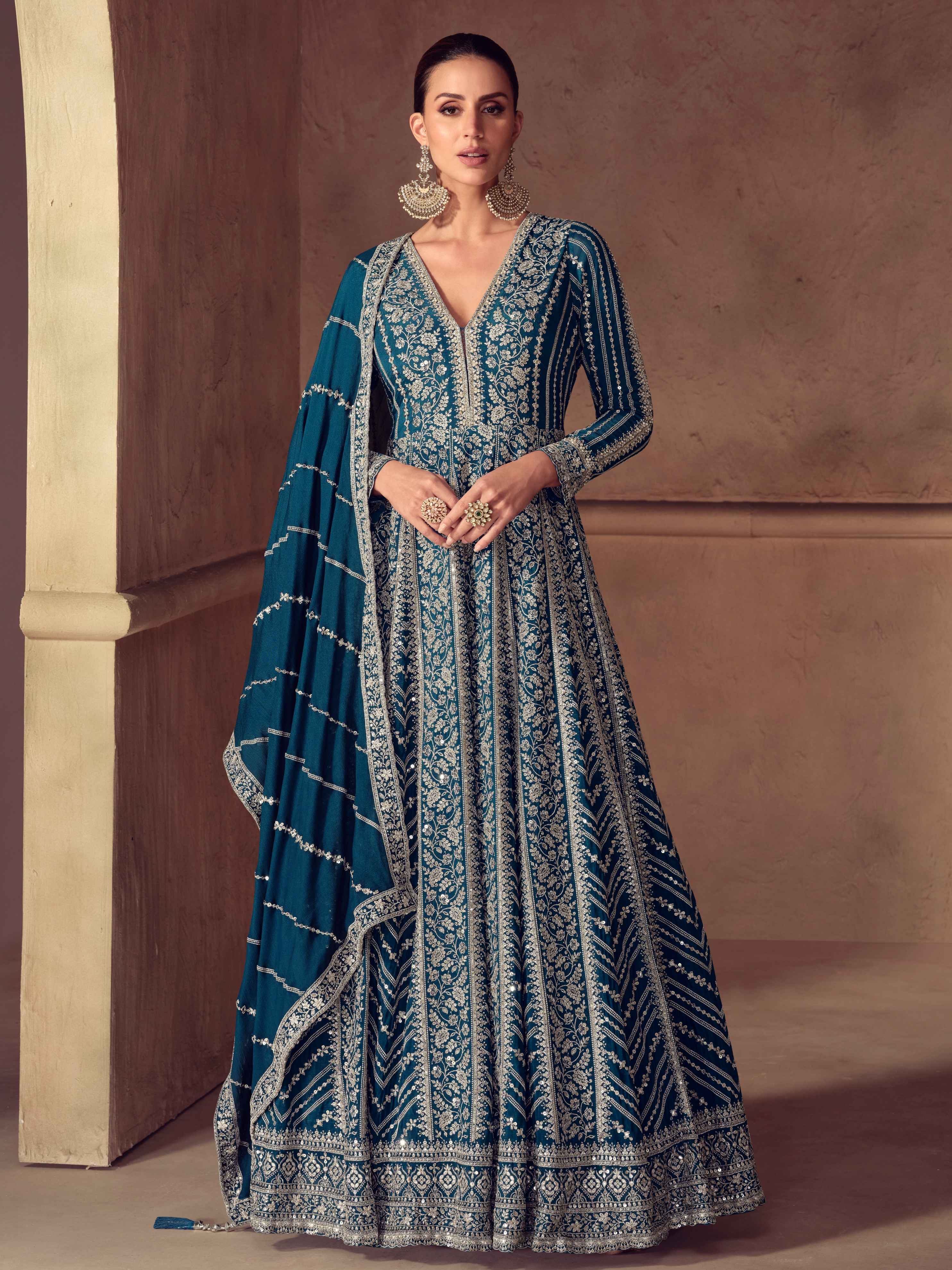 Premium Real Chinon Embroidered Anarkali Gown Set with Dupatta