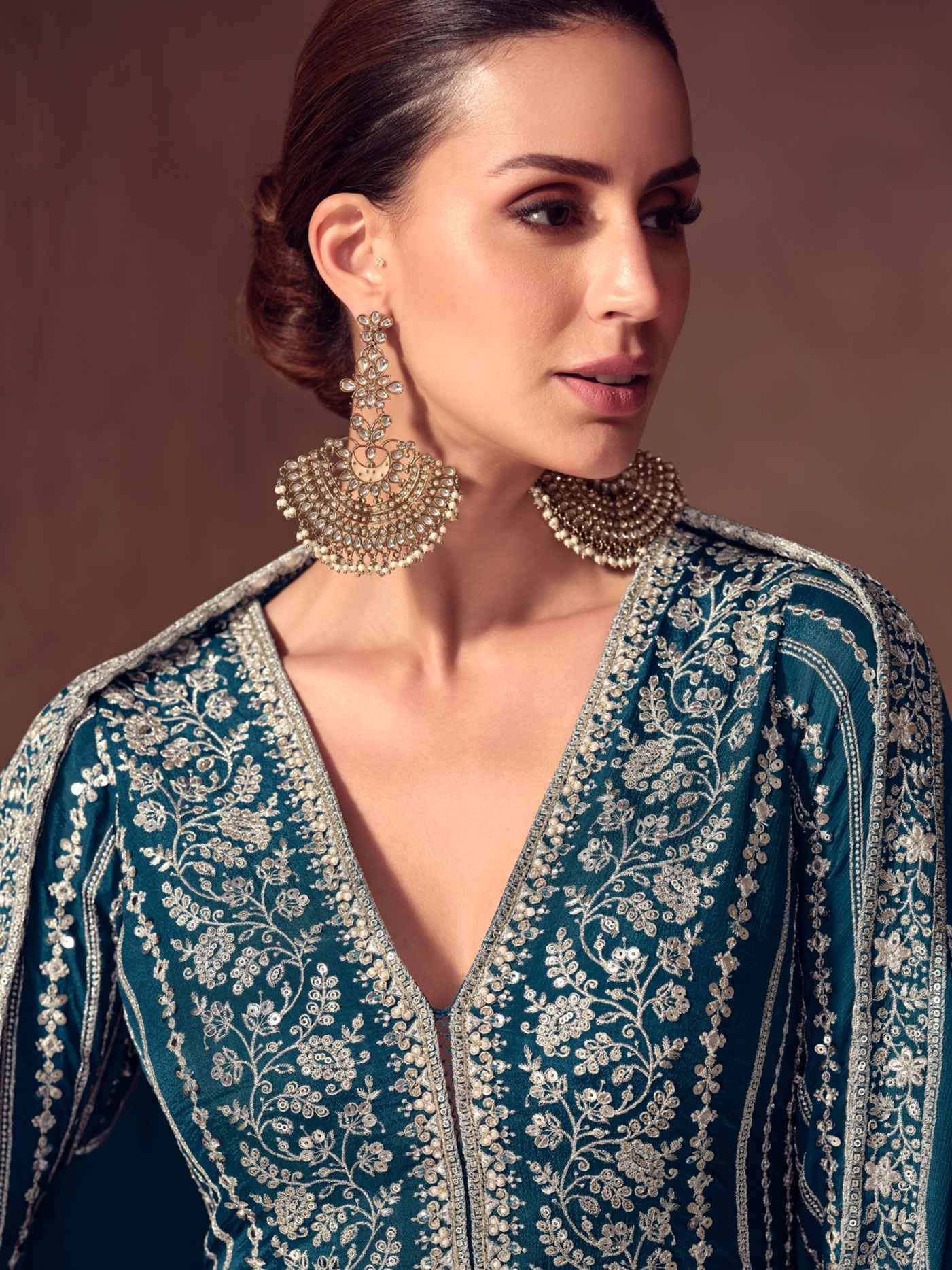 Premium Real Chinon Embroidered Anarkali Gown Set with Dupatta