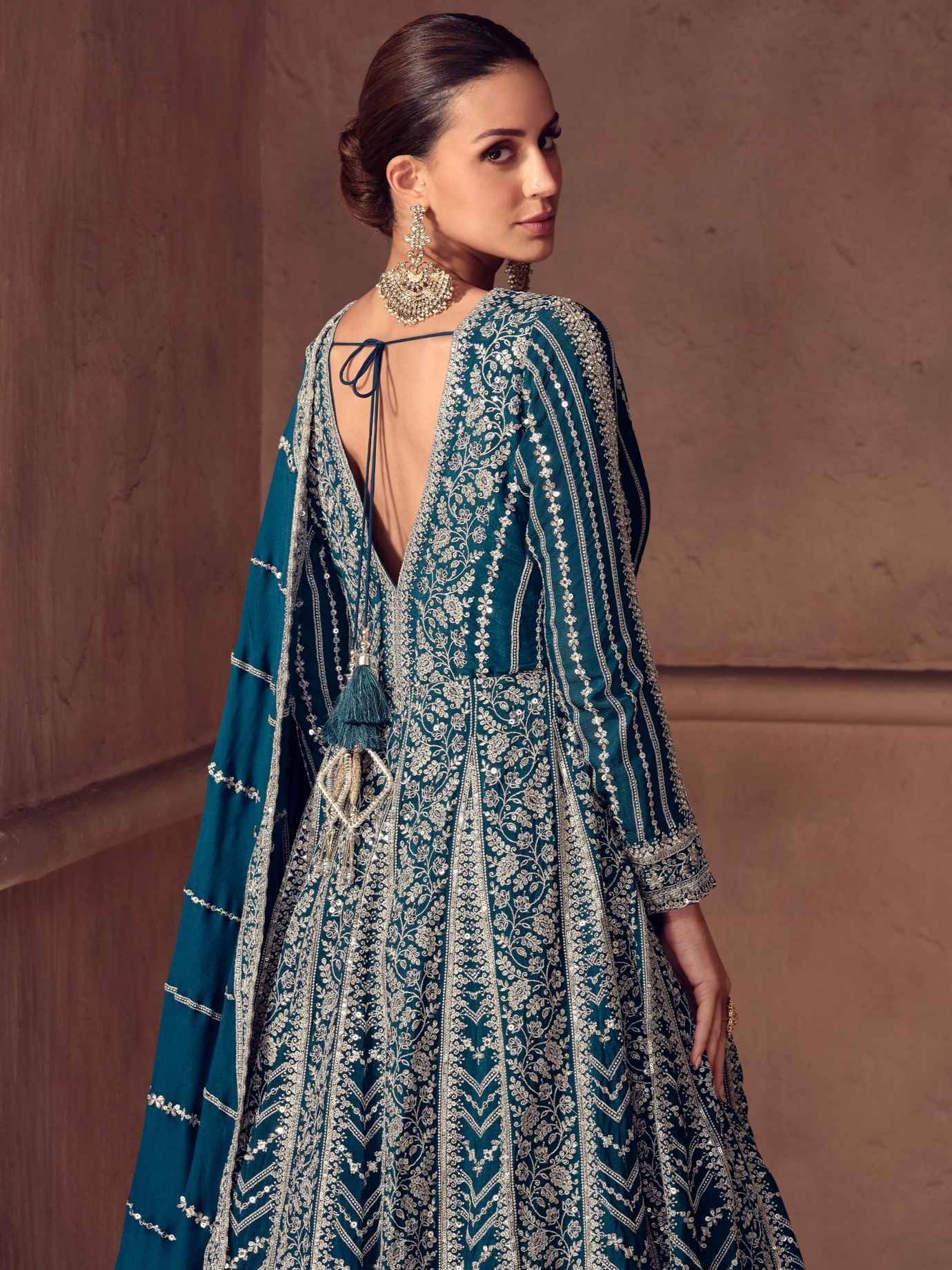 Premium Real Chinon Embroidered Anarkali Gown Set with Dupatta