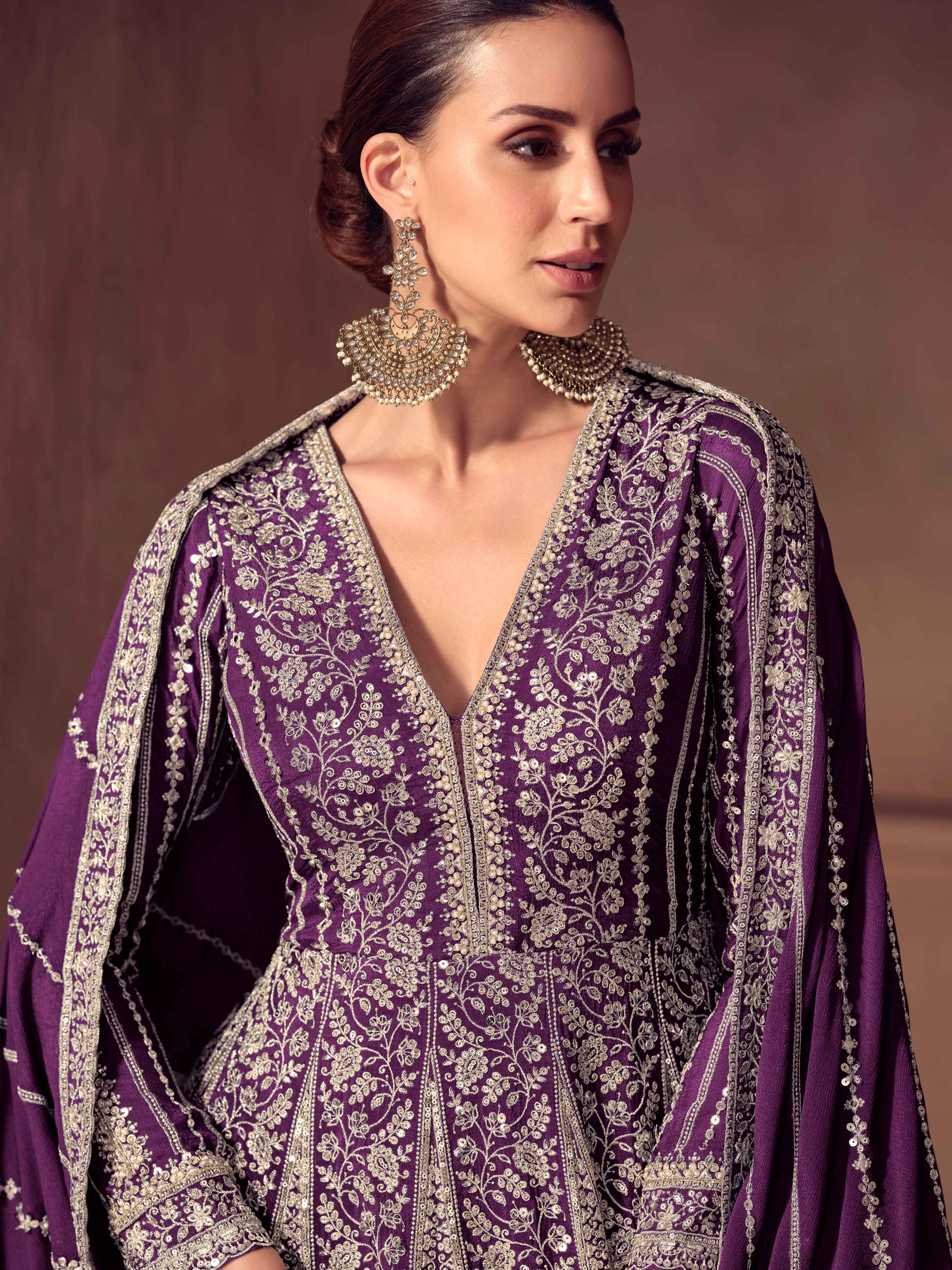 Premium Real Chinon Embroidered Anarkali Gown Set with Dupatta