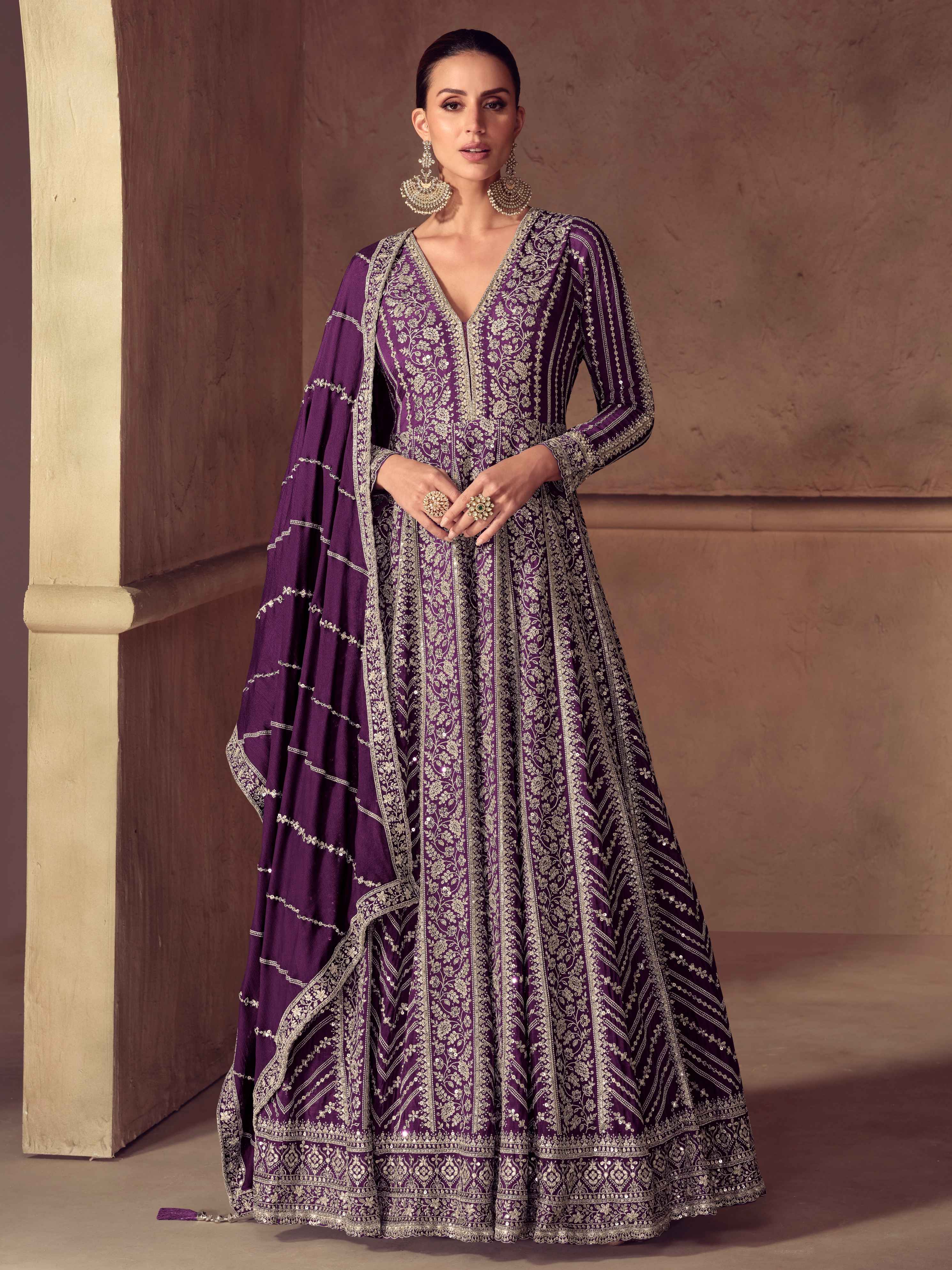 Premium Real Chinon Embroidered Anarkali Gown Set with Dupatta