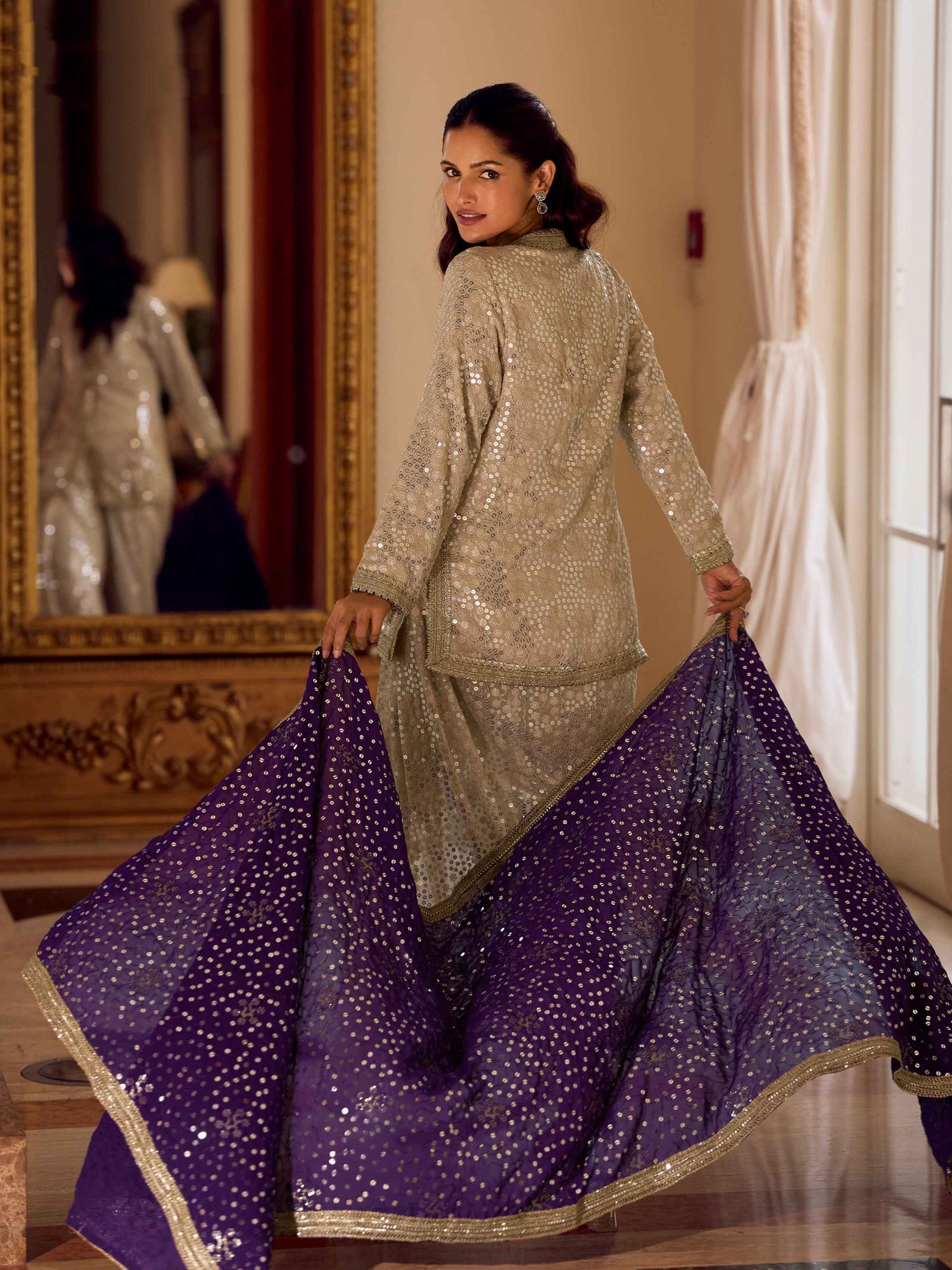 Champagne Gold Premium Dhoti Suit with Purple Mirror Work Dupatta Dhoti Suit Anant Tex Exports Pvt.Ltd..