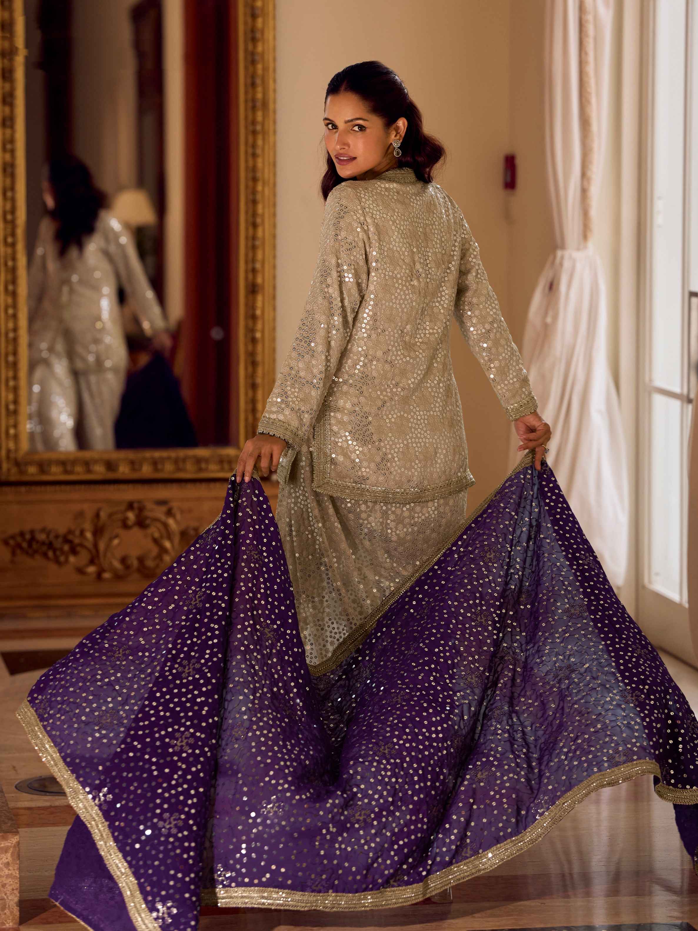 Champagne Gold Premium Dhoti Suit with Purple Mirror Work Dupatta