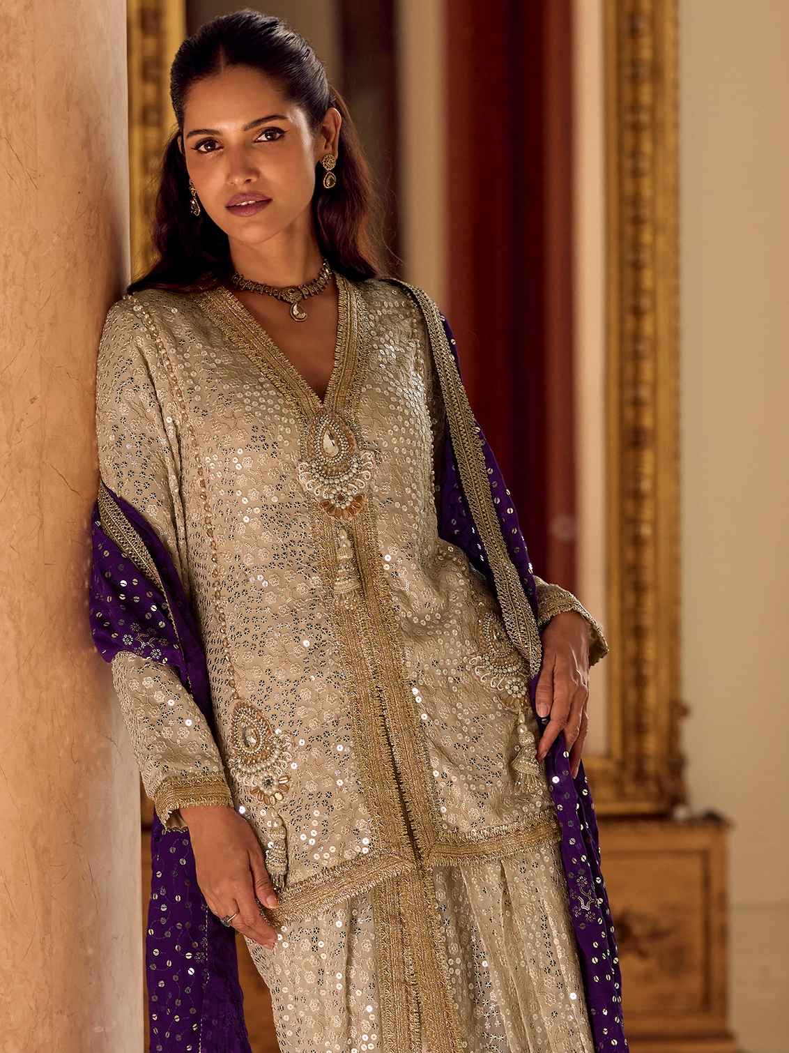 Champagne Gold Premium Dhoti Suit with Purple Mirror Work Dupatta