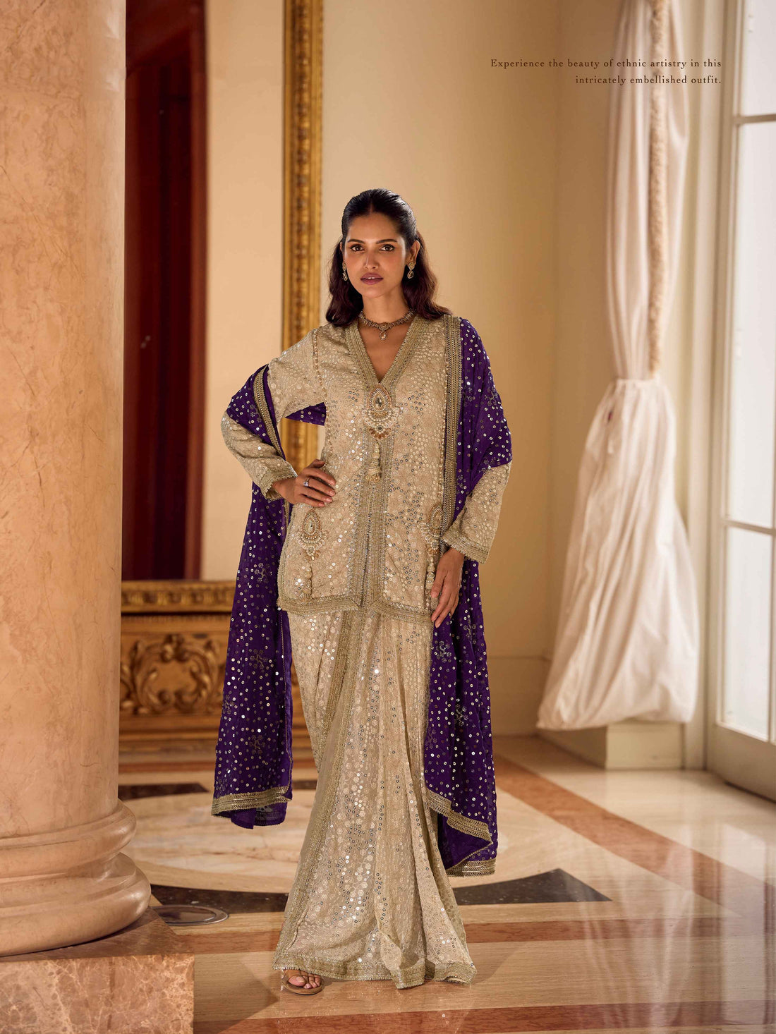Champagne Gold Premium Dhoti Suit with Purple Mirror Work Dupatta Dhoti Suit Anant Tex Exports Pvt.Ltd..