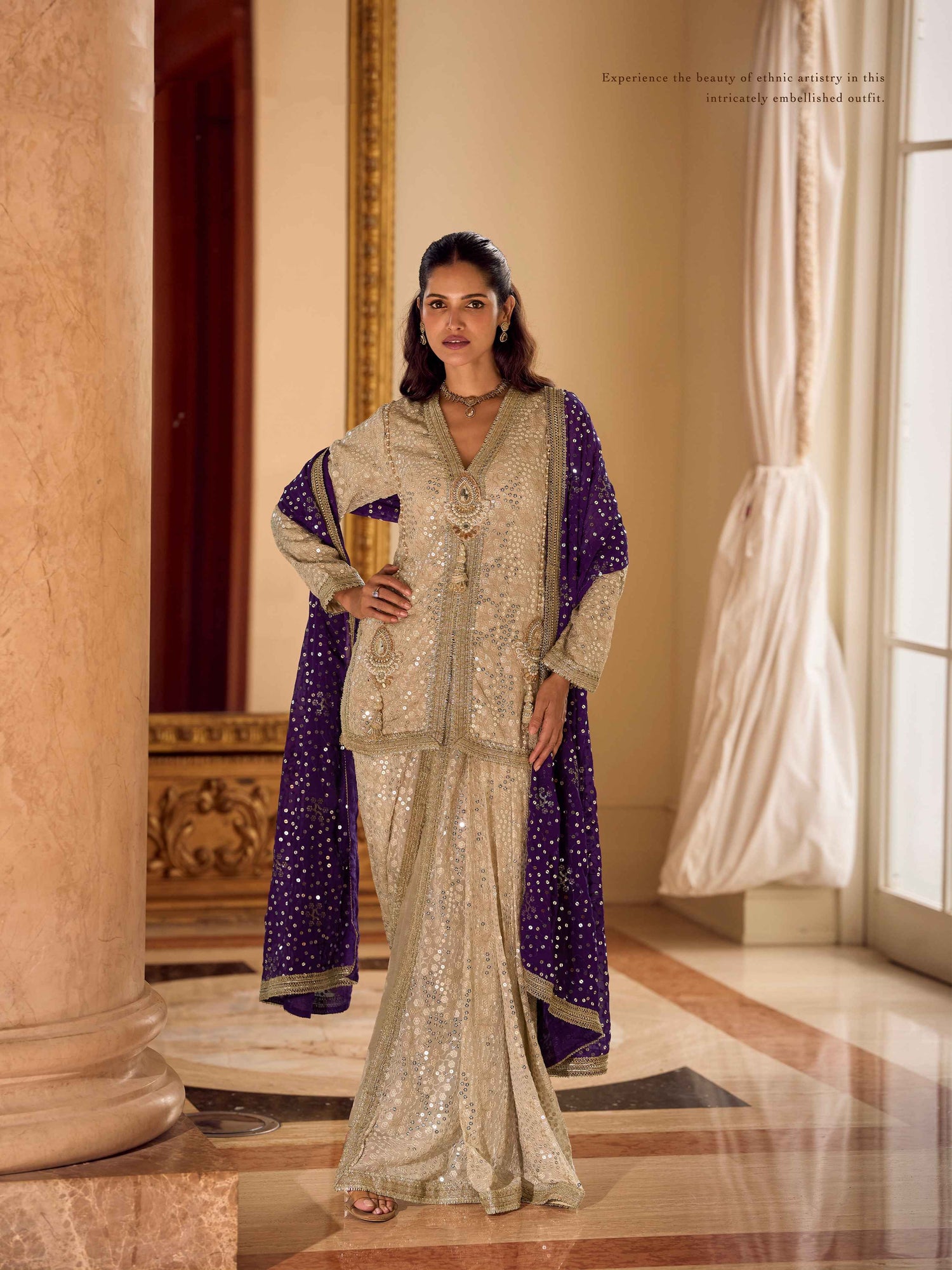 Champagne Gold Premium Dhoti Suit with Purple Mirror Work Dupatta Dhoti Suit Anant Tex Exports Pvt.Ltd..