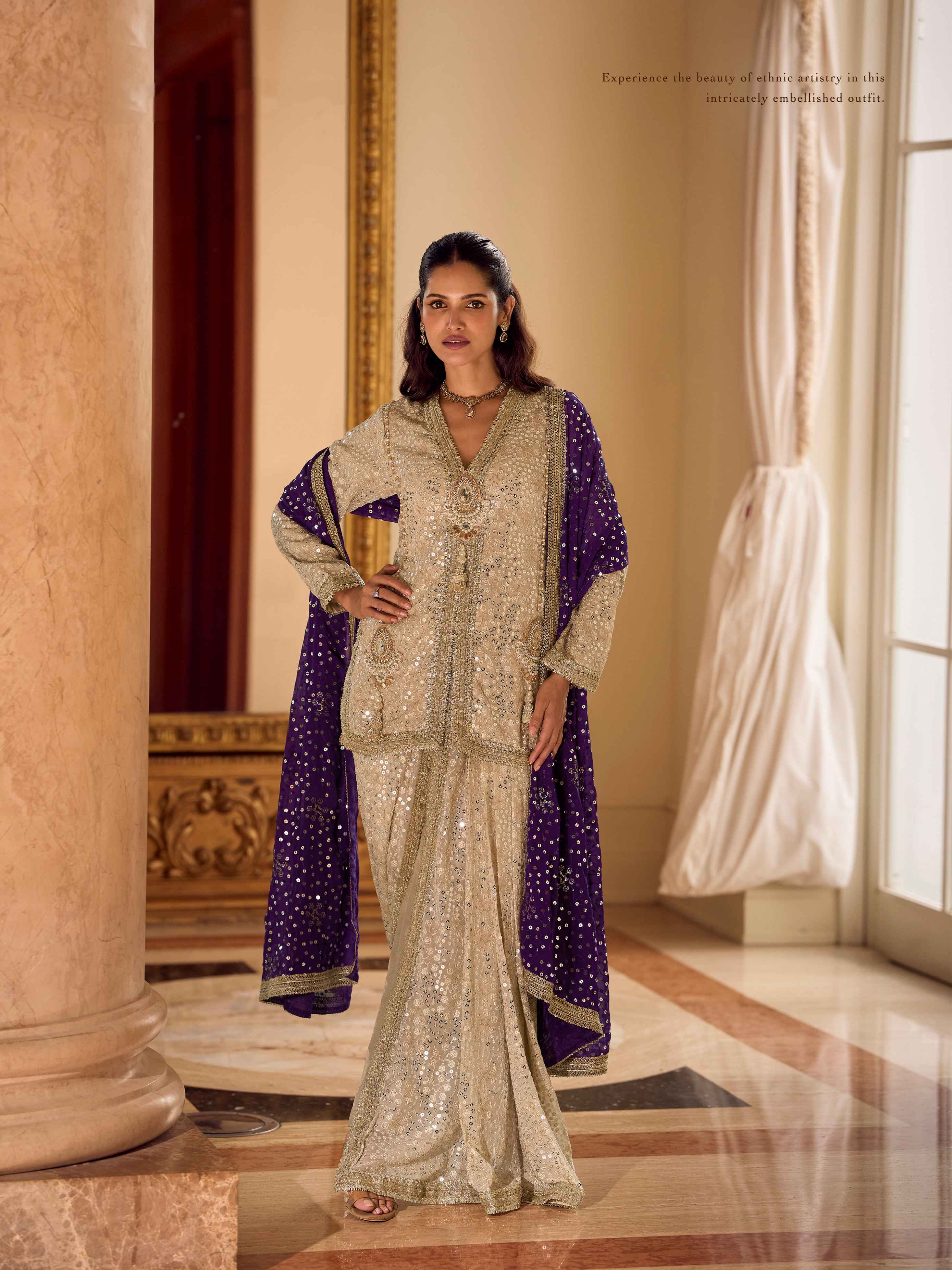 Champagne Gold Premium Dhoti Suit with Purple Mirror Work Dupatta