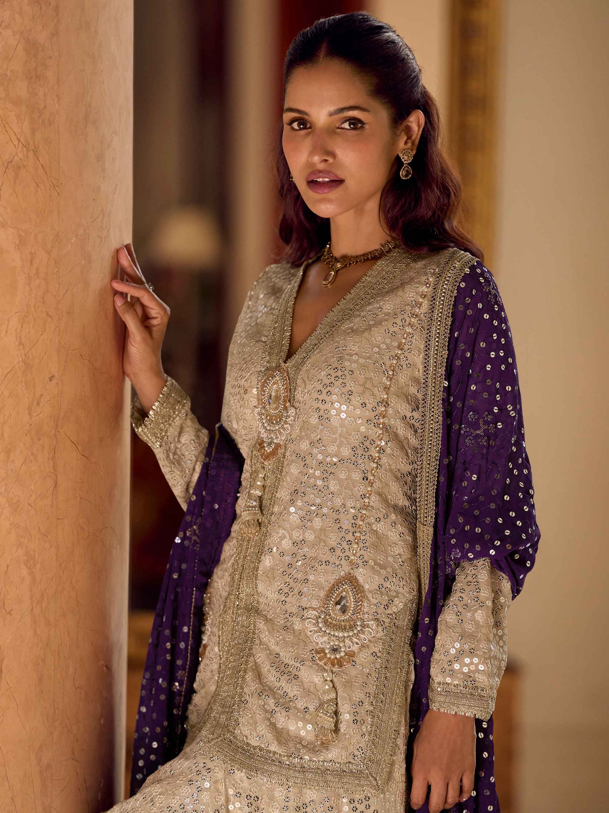 Champagne Gold Premium Dhoti Suit with Purple Mirror Work Dupatta