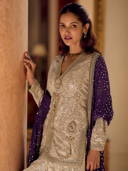 Champagne Gold Premium Dhoti Suit with Purple Mirror Work Dupatta Dhoti Suit Anant Tex Exports Pvt.Ltd..