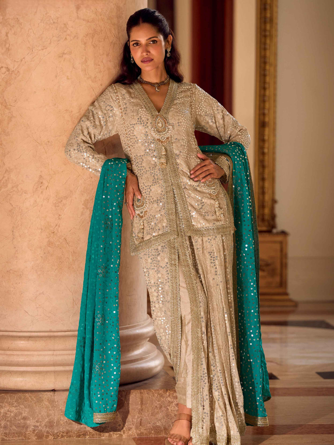 Champagne Gold Georgette Dhoti Suit with Teal Embroidered Dupatta Dhoti Suit Anant Tex Exports Pvt.Ltd..