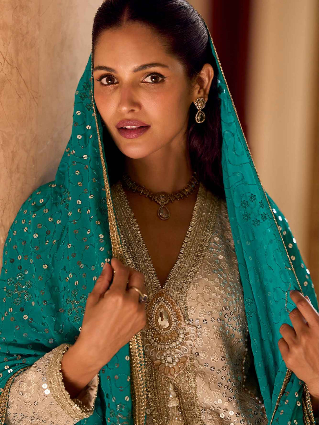 Champagne Gold Georgette Dhoti Suit with Teal Embroidered Dupatta Dhoti Suit Anant Tex Exports Pvt.Ltd..