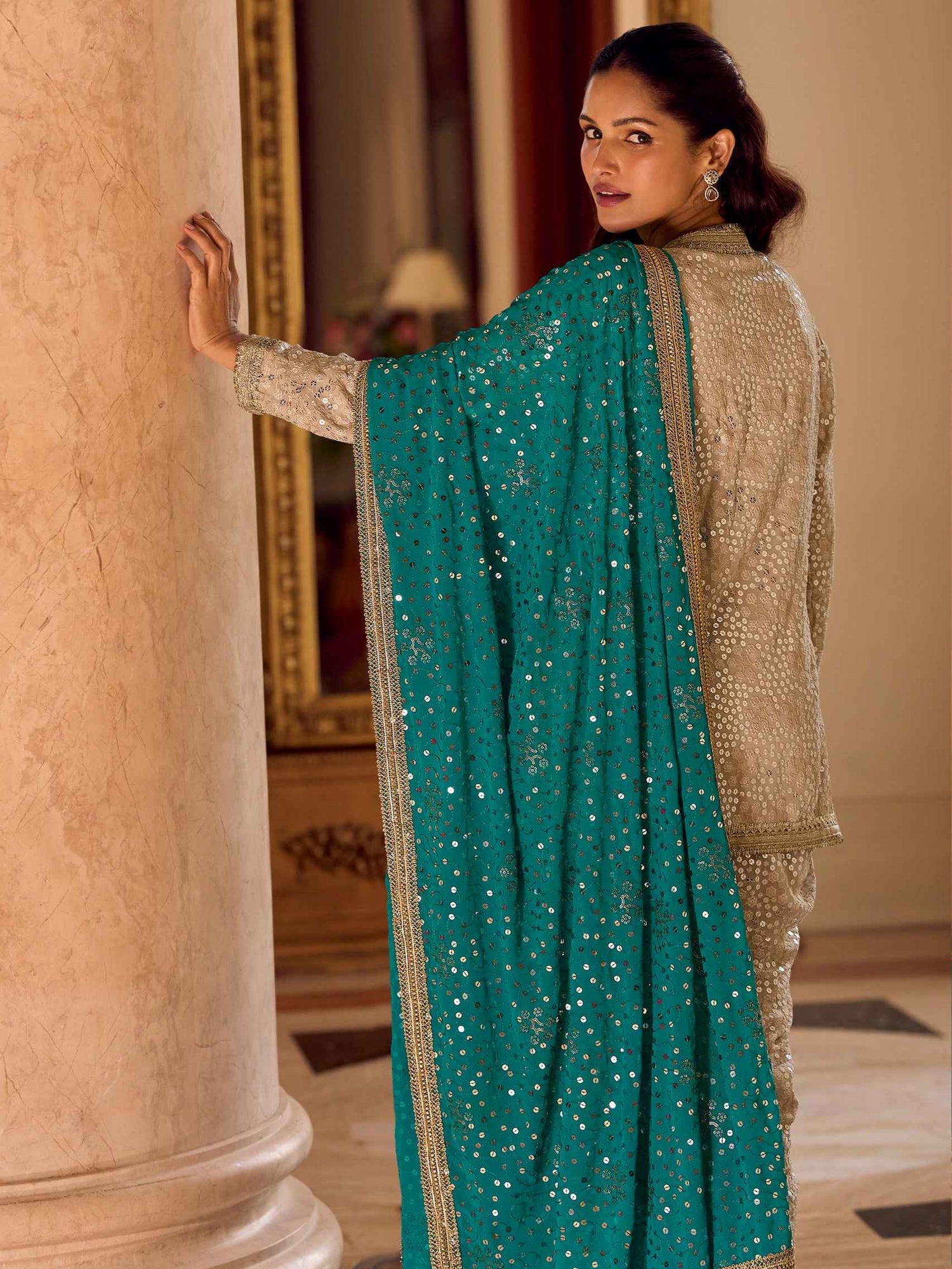 Champagne Gold Georgette Dhoti Suit with Teal Embroidered Dupatta Dhoti Suit Anant Tex Exports Pvt.Ltd..