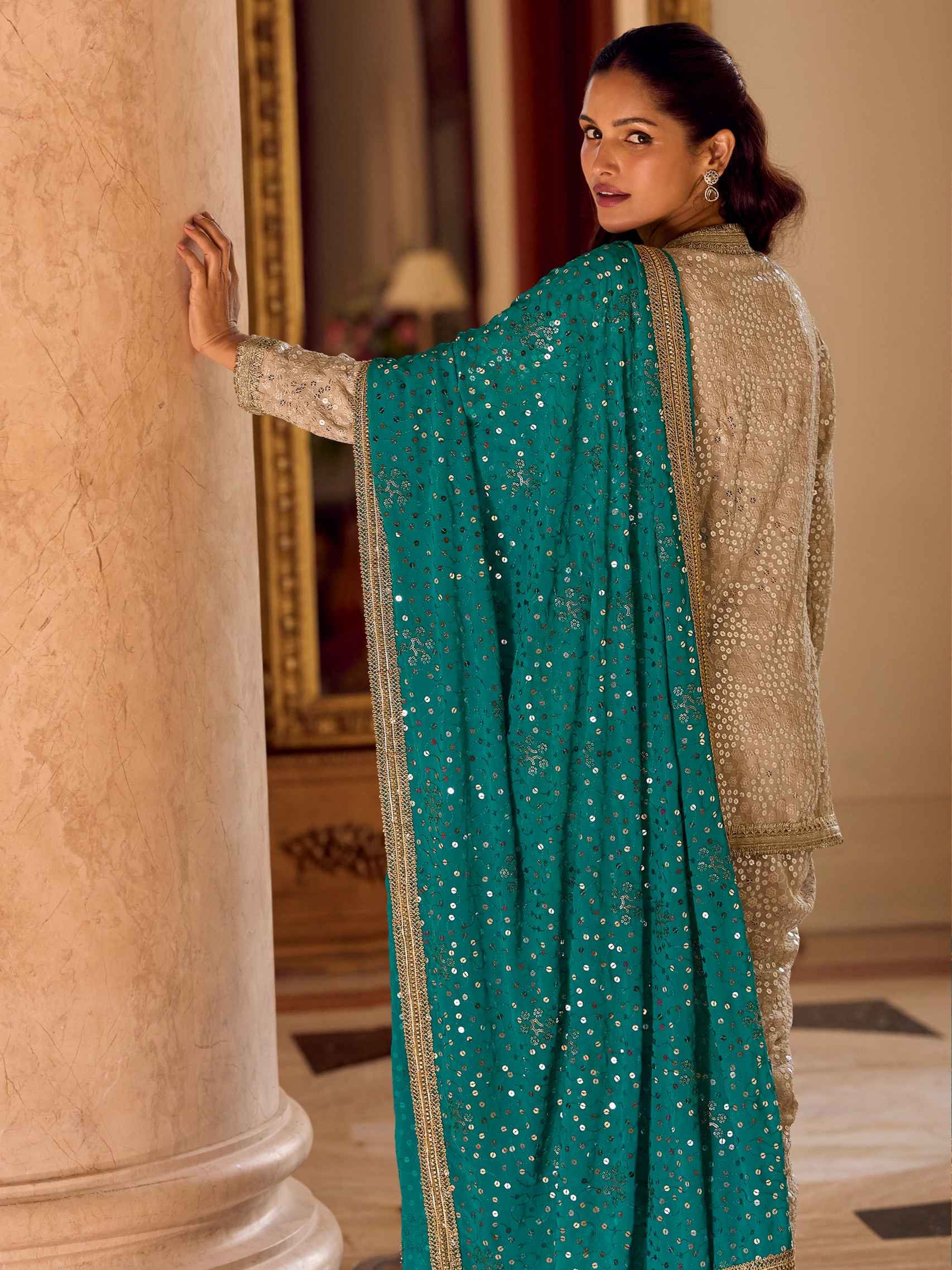 Champagne Gold Georgette Dhoti Suit with Teal Embroidered Dupatta Dhoti Suit Anant Tex Exports Pvt.Ltd..