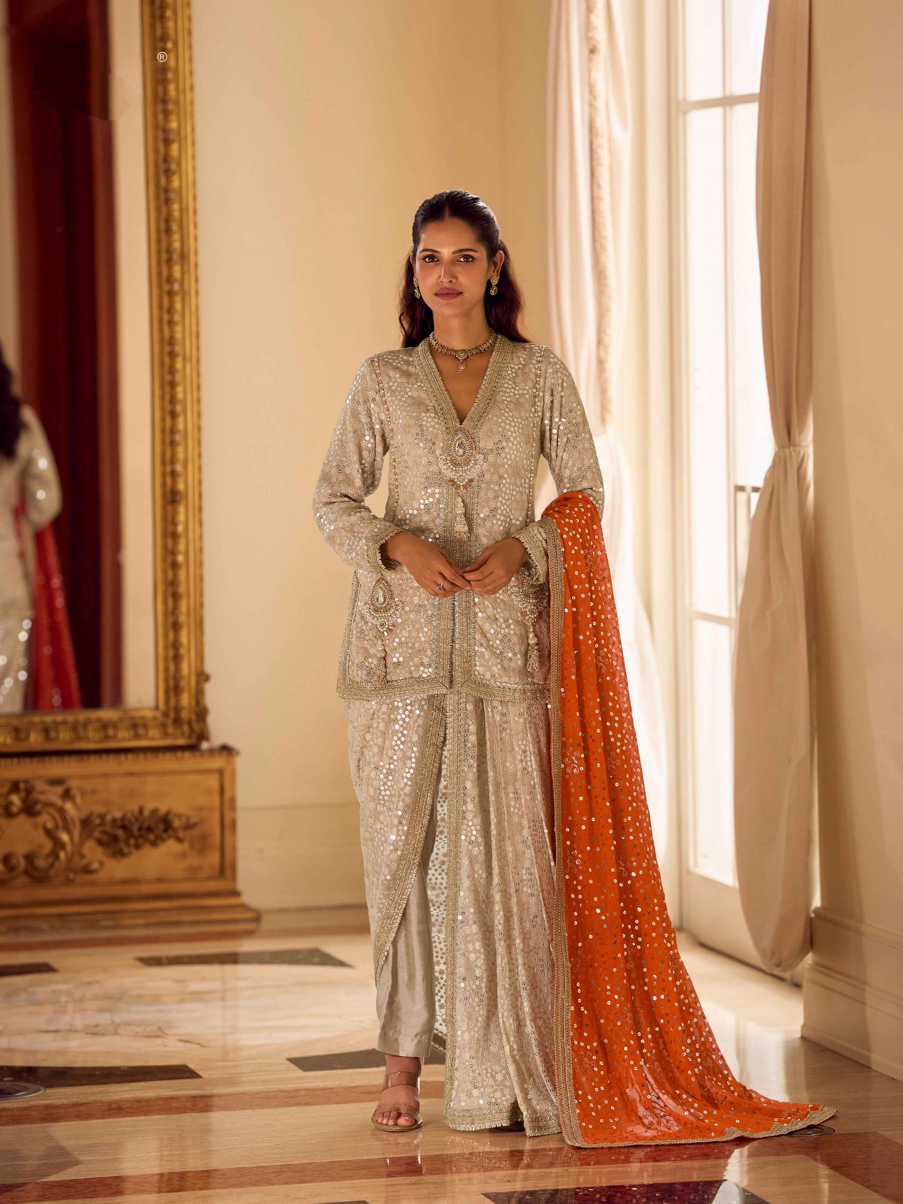 Champagne Gold Hand-Embroidered Dhoti Set with Orange Dupatta