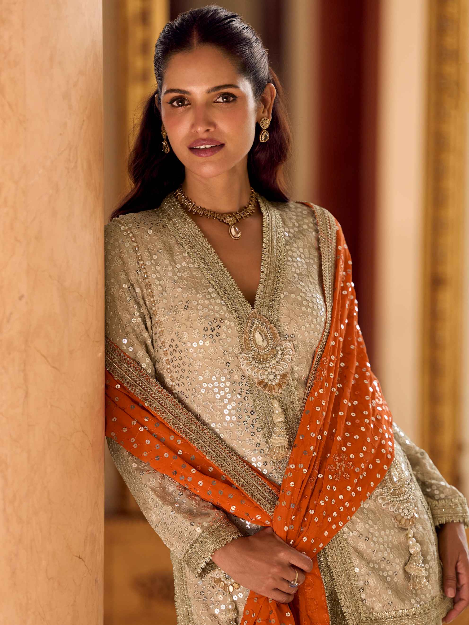 Champagne Gold Hand-Embroidered Dhoti Set with Orange Dupatta