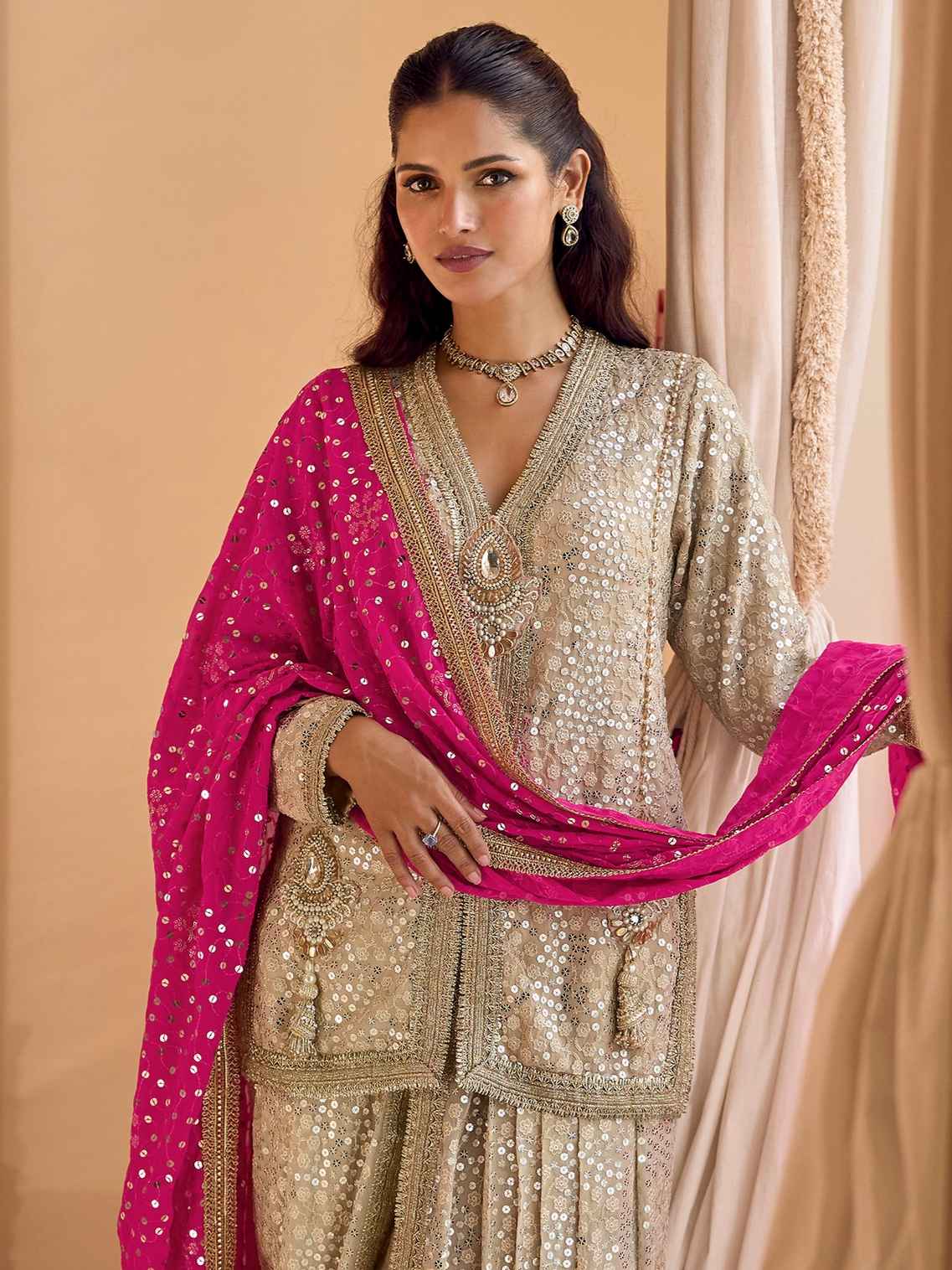 Champagne Gold Georgette Handwork Dhoti Suit with Pink Dupatta