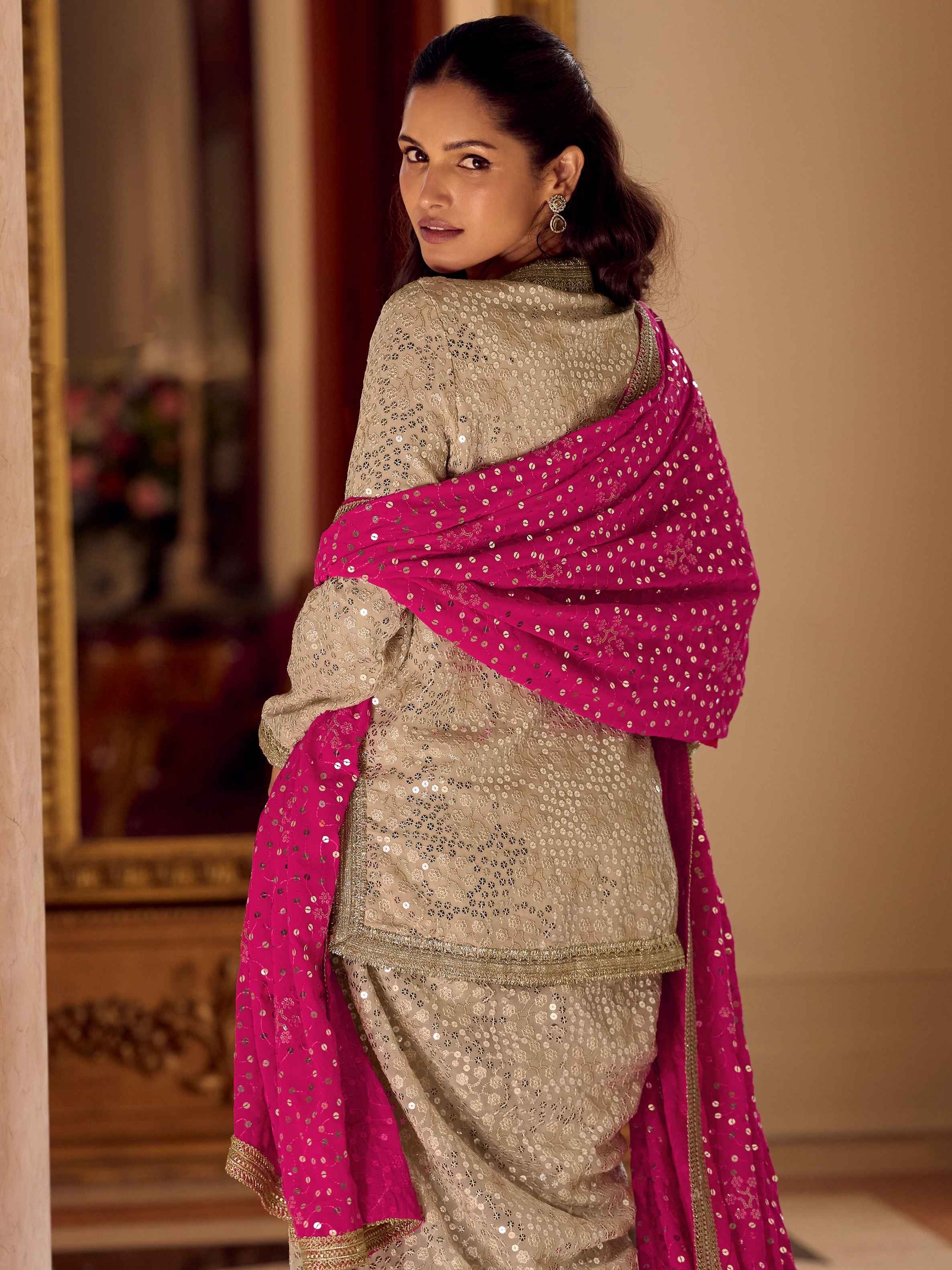 Champagne Gold Georgette Handwork Dhoti Suit with Pink Dupatta