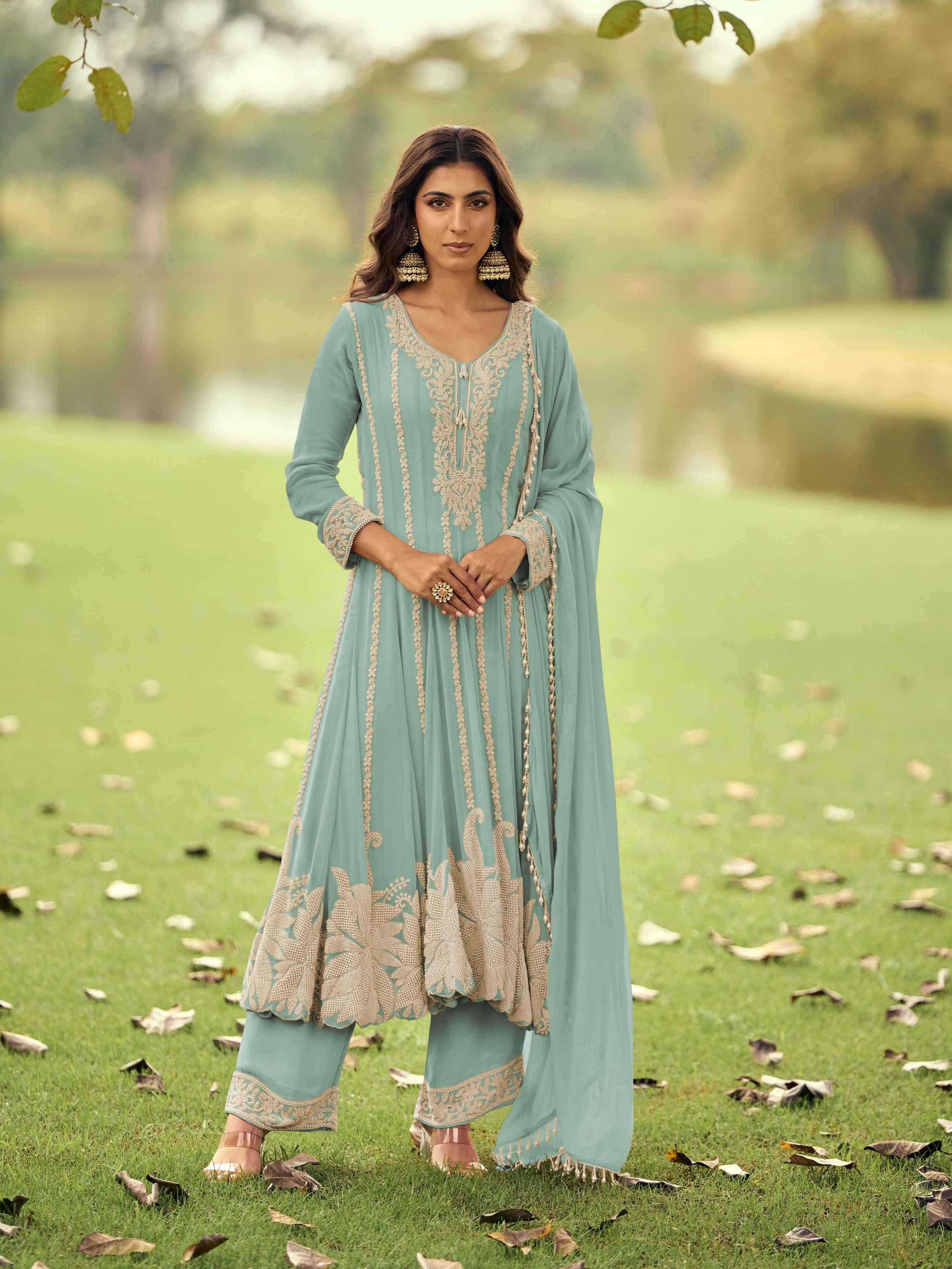 Premium Georgette Heavy Beads Work Short Anarkali Suit Set