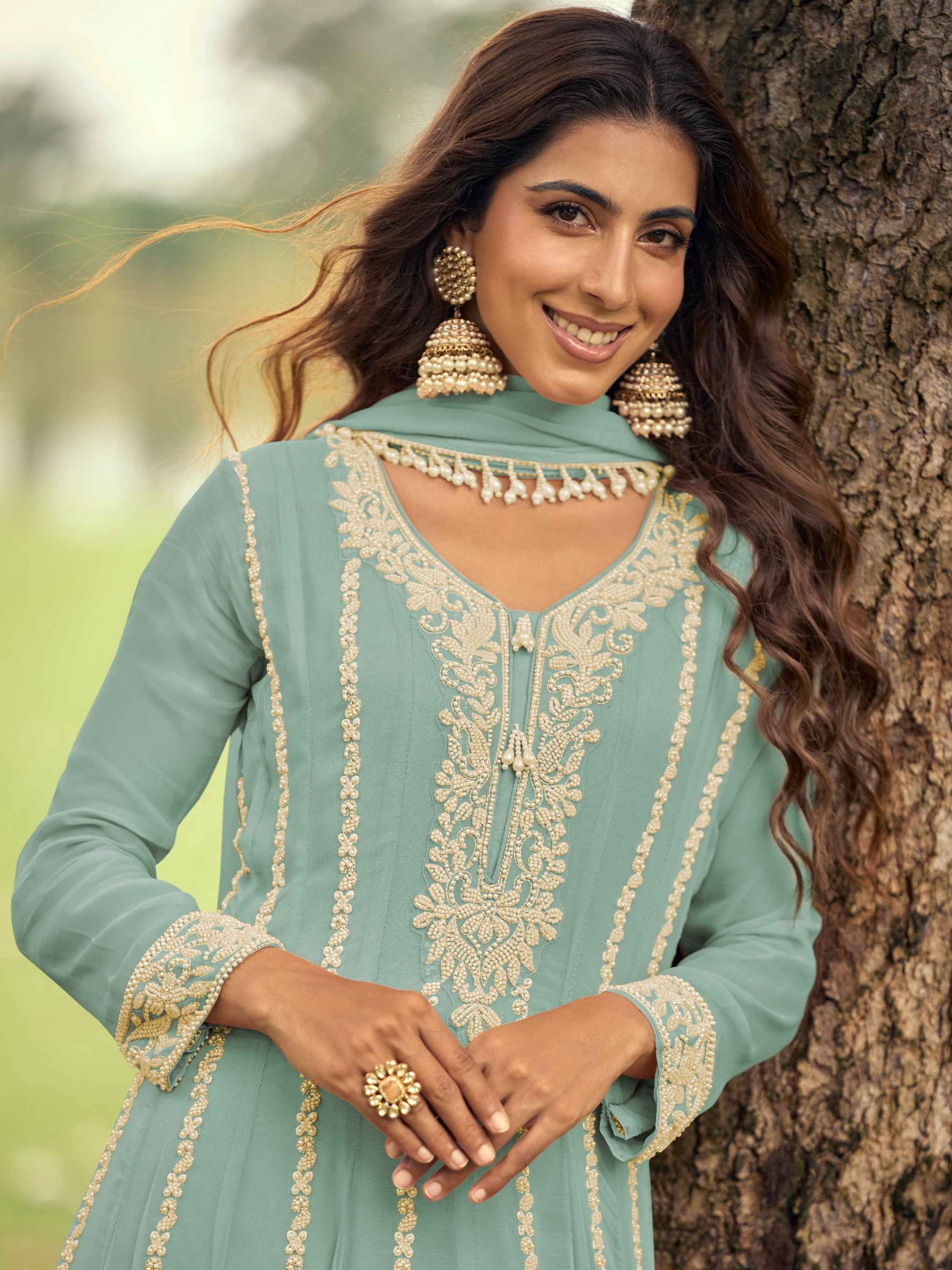 Premium Georgette Heavy Beads Work Short Anarkali Suit Set