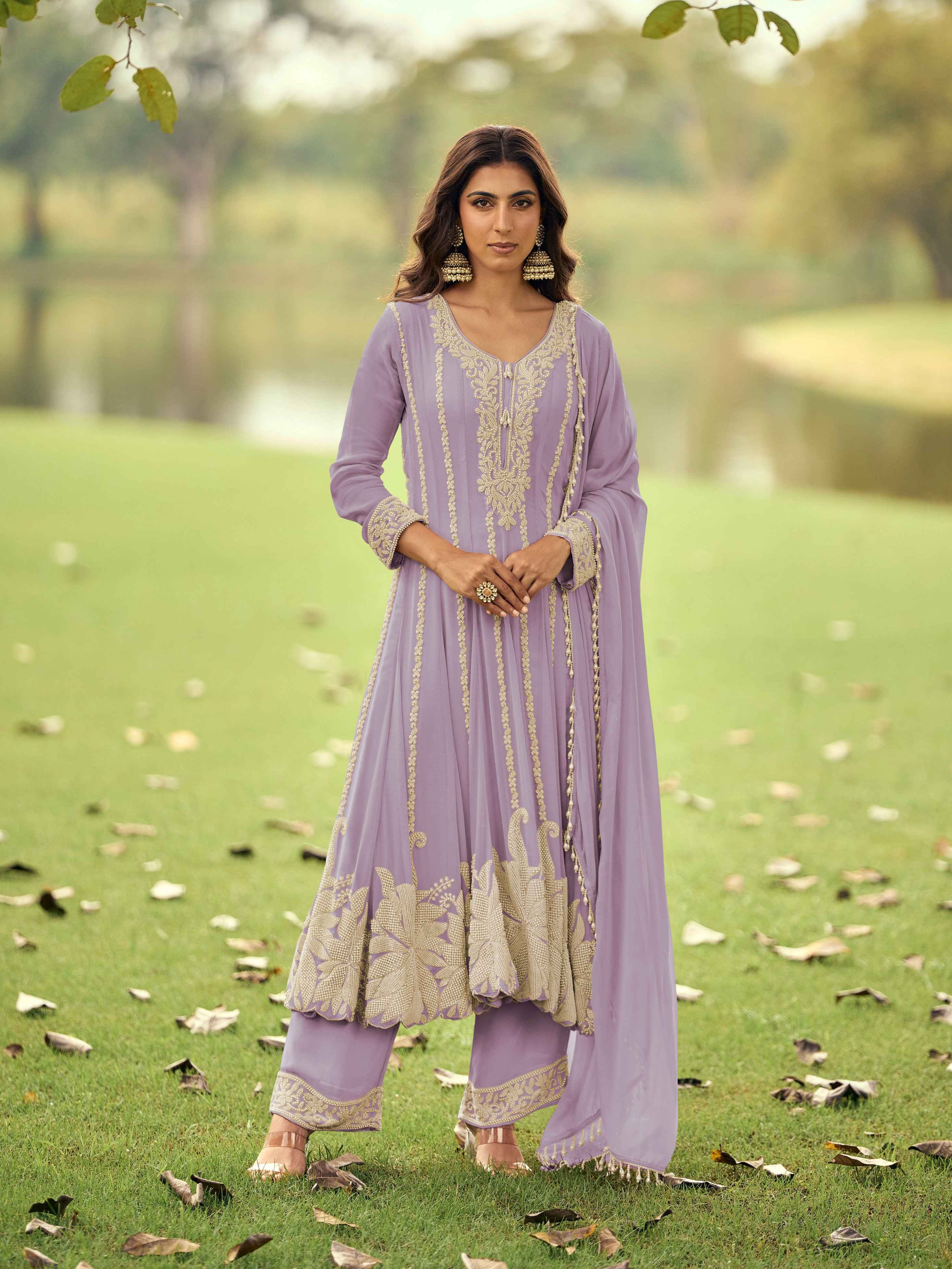 Premium Georgette Heavy Beads Work Short Anarkali Suit Set