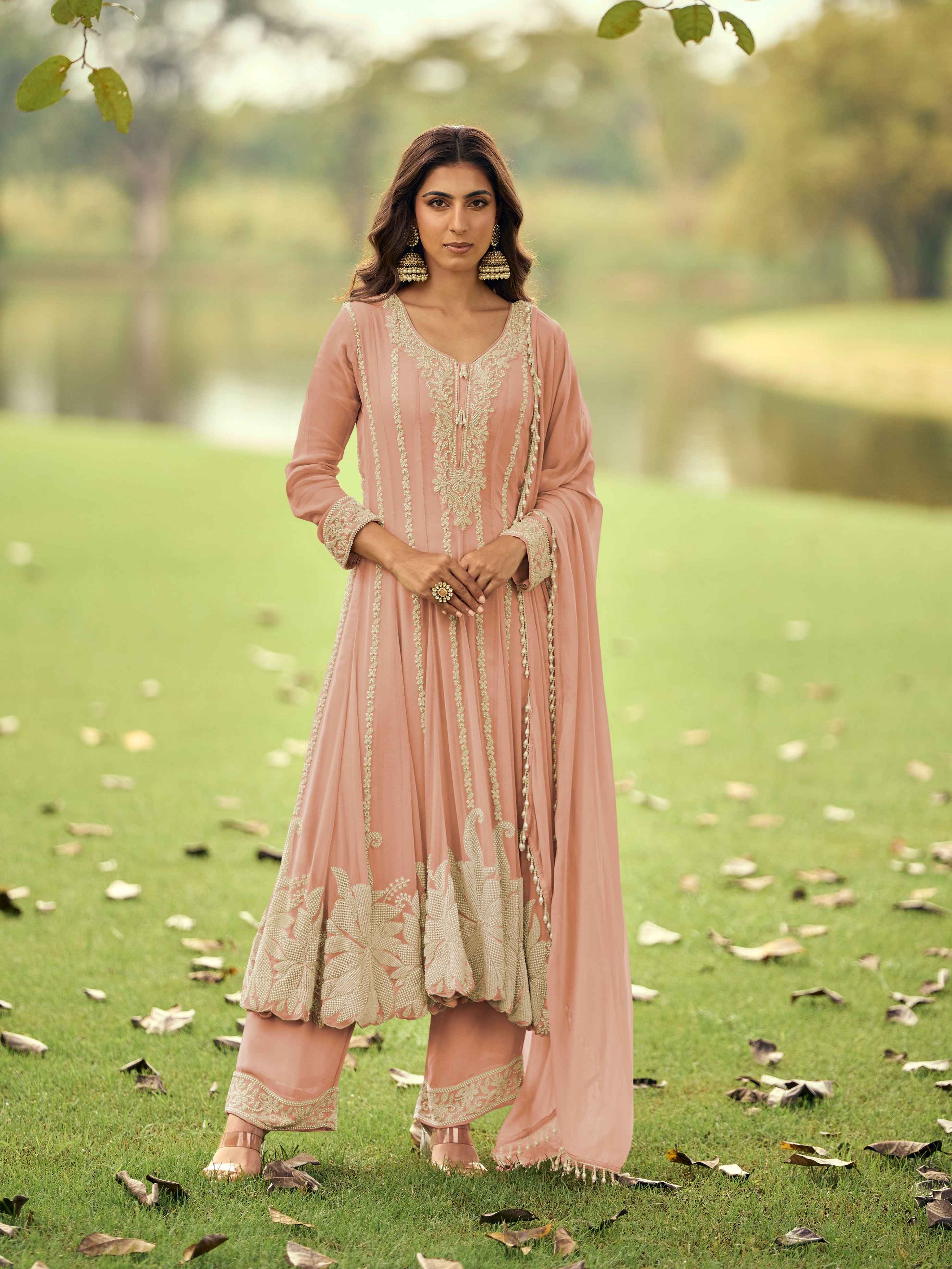 Premium Georgette Heavy Beads Work Short Anarkali Suit Set