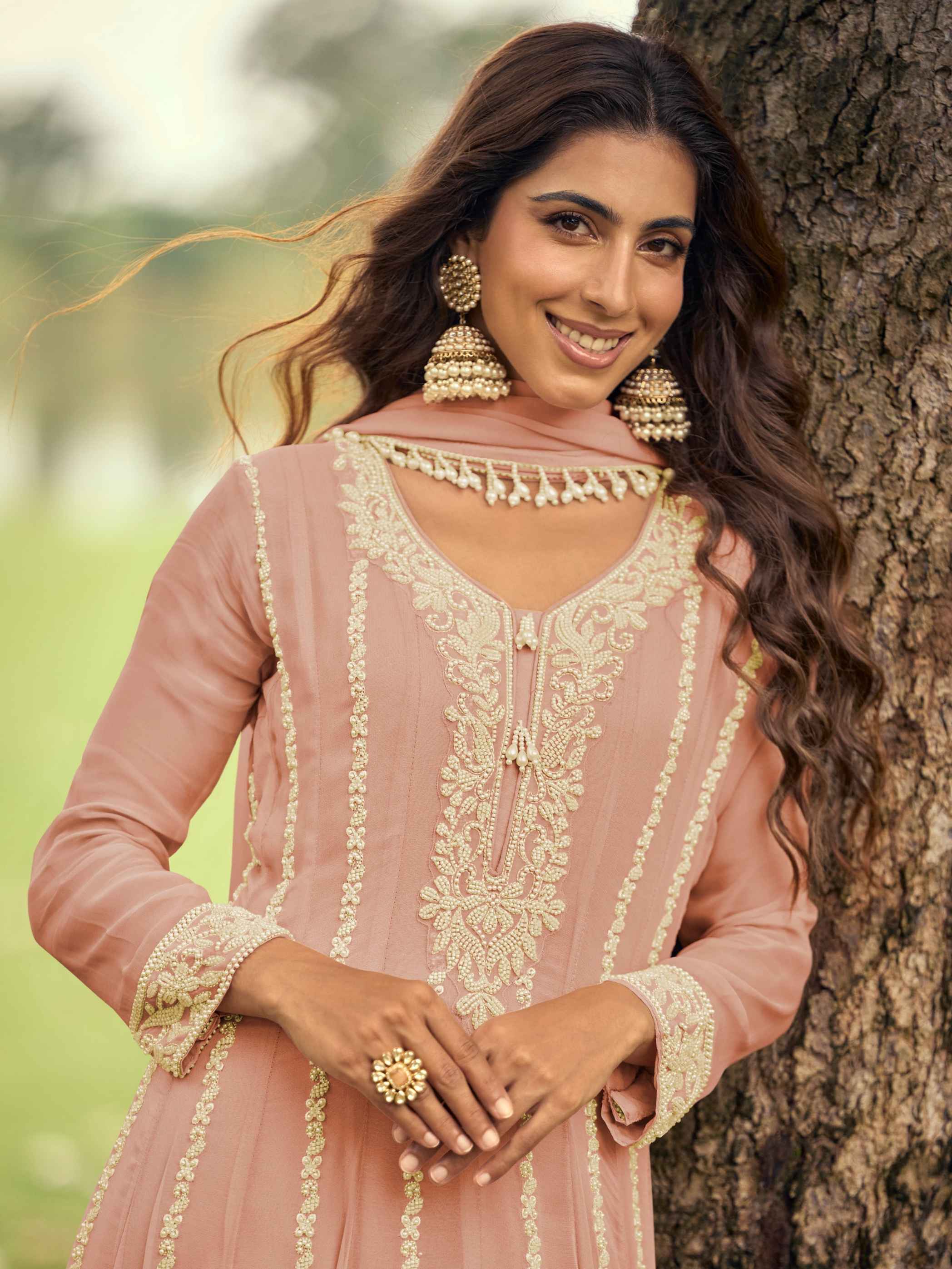 Premium Georgette Heavy Beads Work Short Anarkali Suit Set