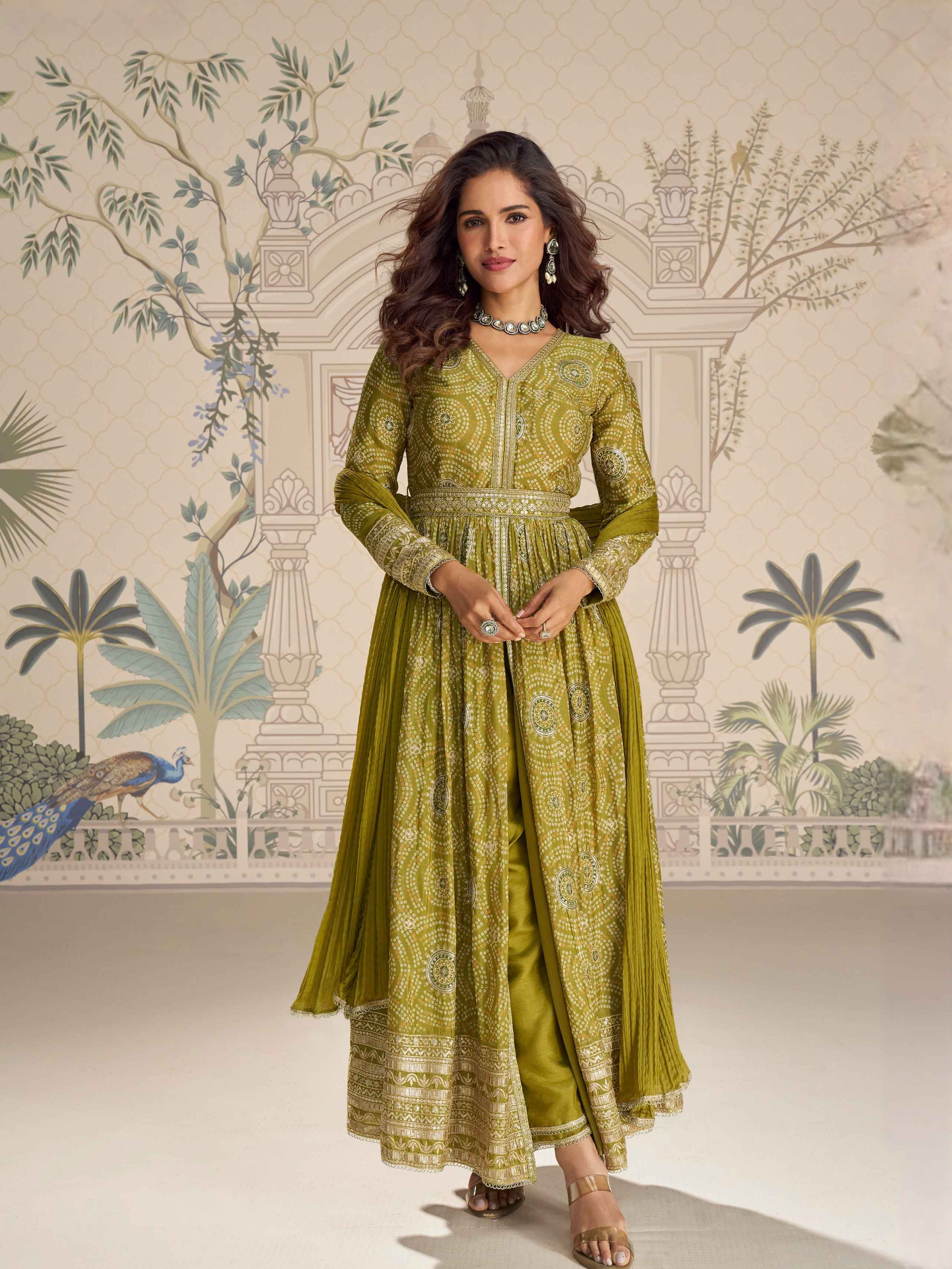 Mehendi Green Premium Chinon Silk Long Front-Cut Anarkali Suit