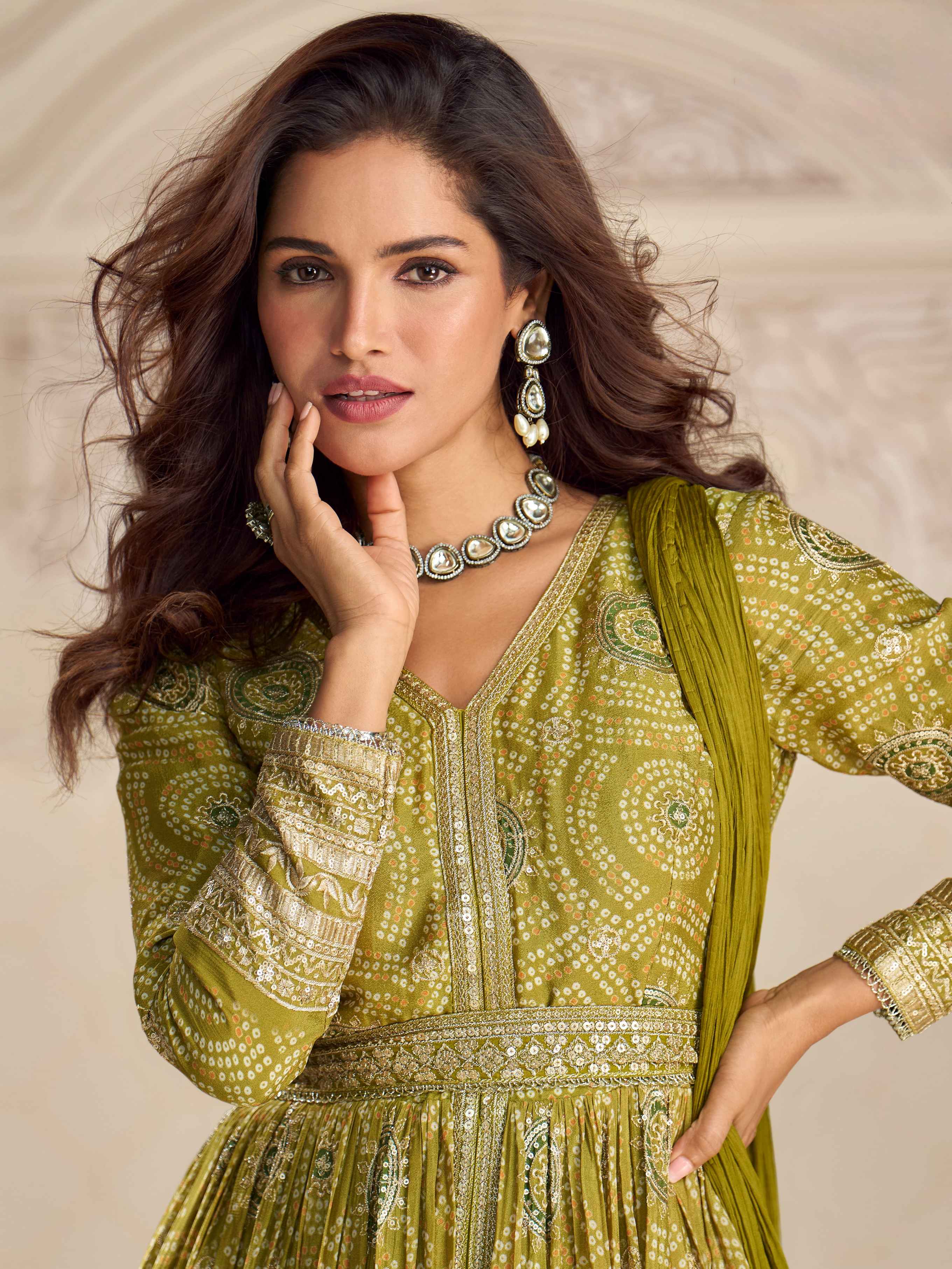 Mehendi Green Premium Chinon Silk Long Front-Cut Anarkali Suit