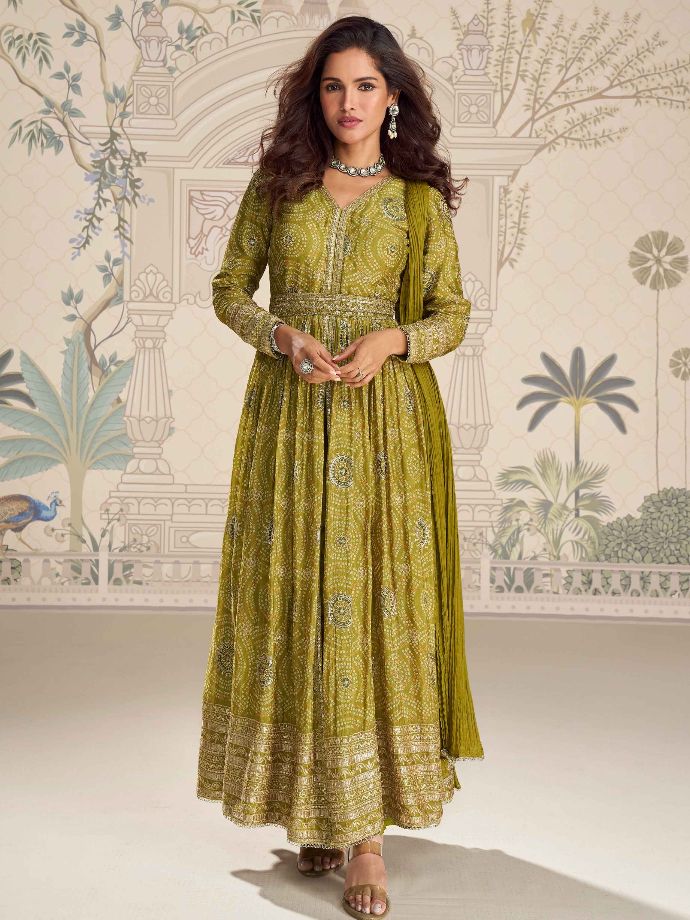 Mehendi Green Premium Chinon Silk Long Front-Cut Anarkali Suit