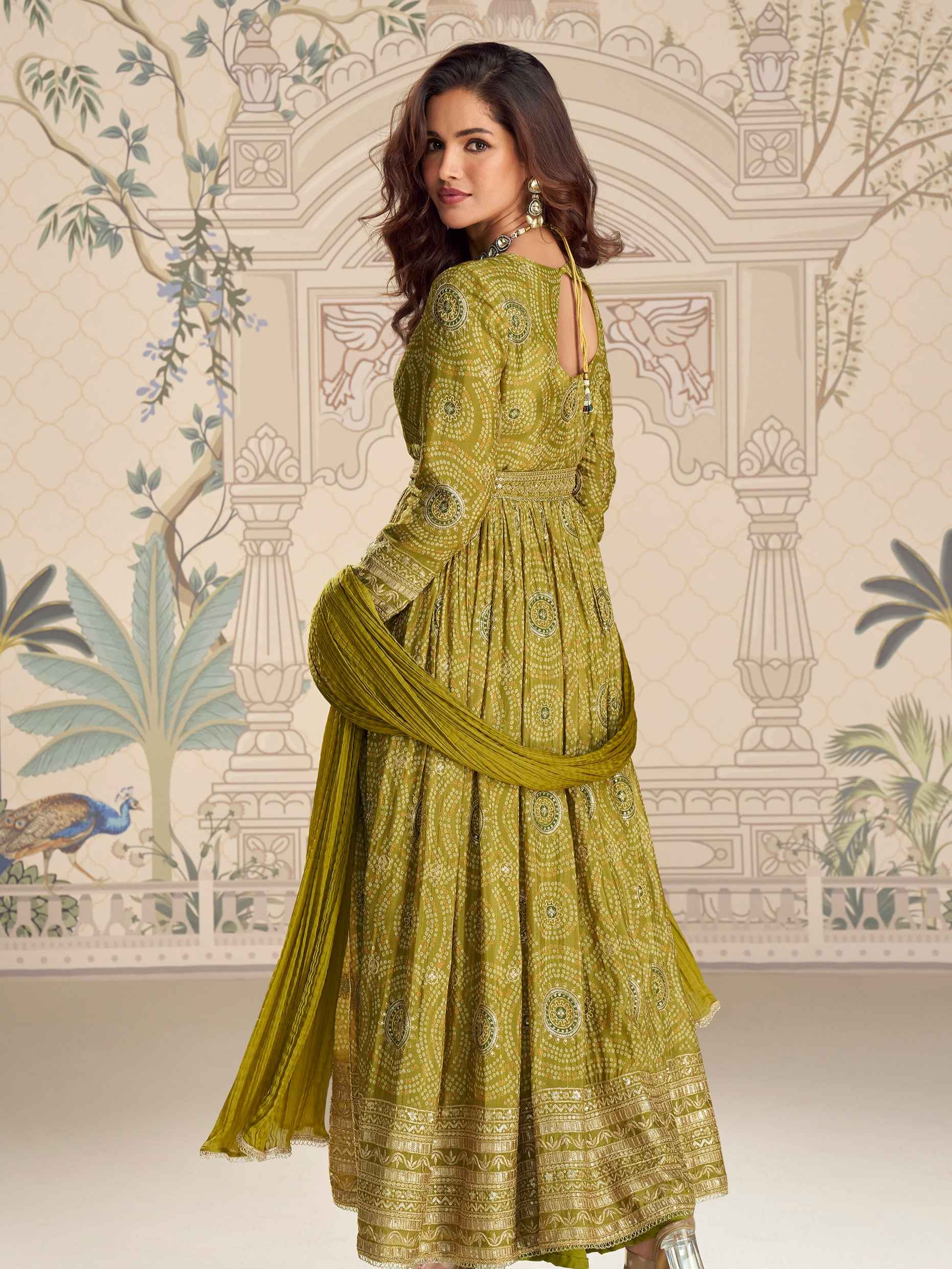 Mehendi Green Premium Chinon Silk Long Front-Cut Anarkali Suit