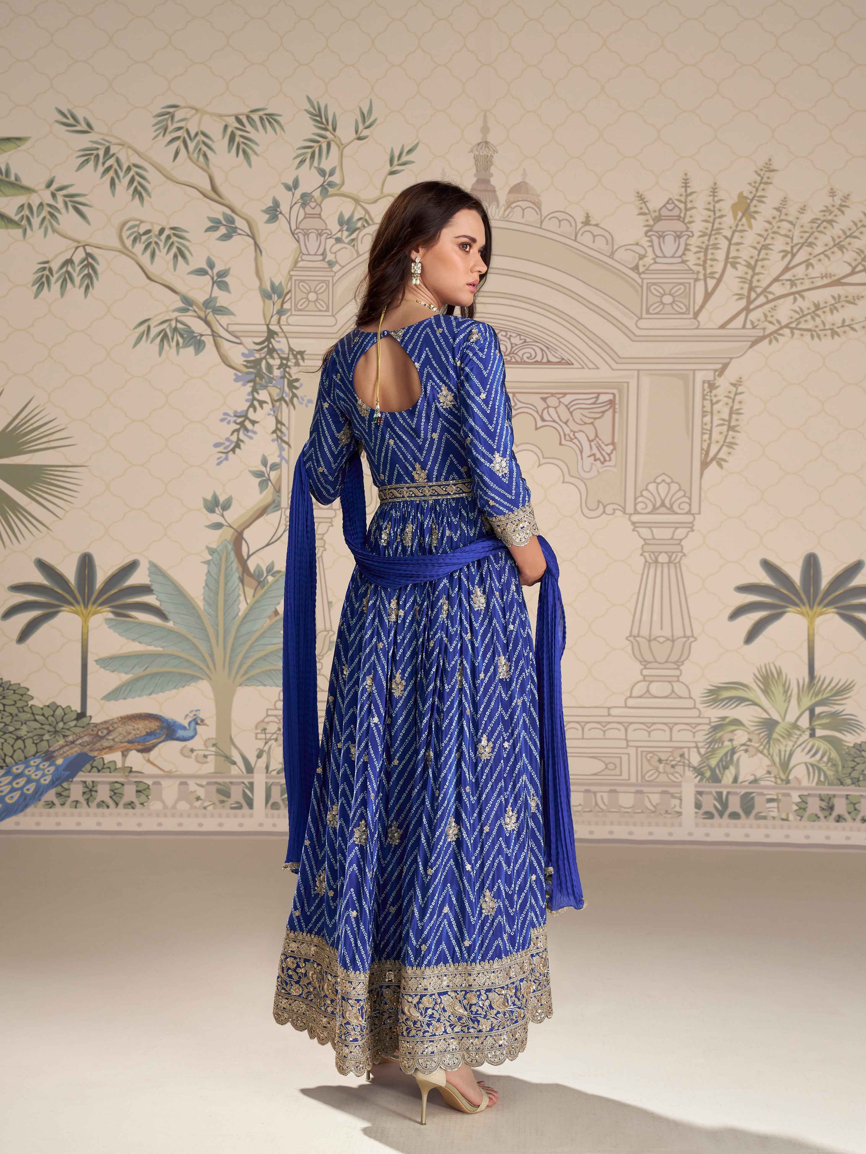 Royal Blue Chinon Silk Front-Cut Embroidered Anarkali Suit