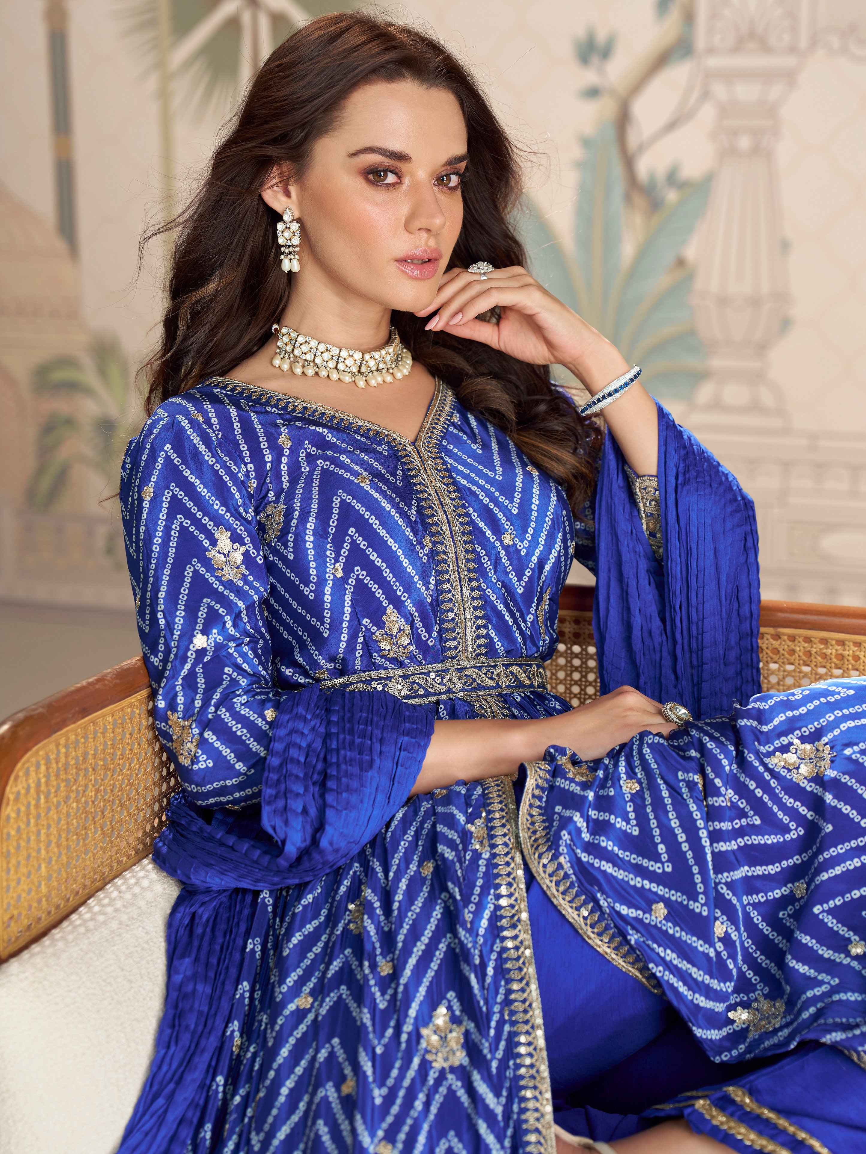 Royal Blue Chinon Silk Front-Cut Embroidered Anarkali Suit