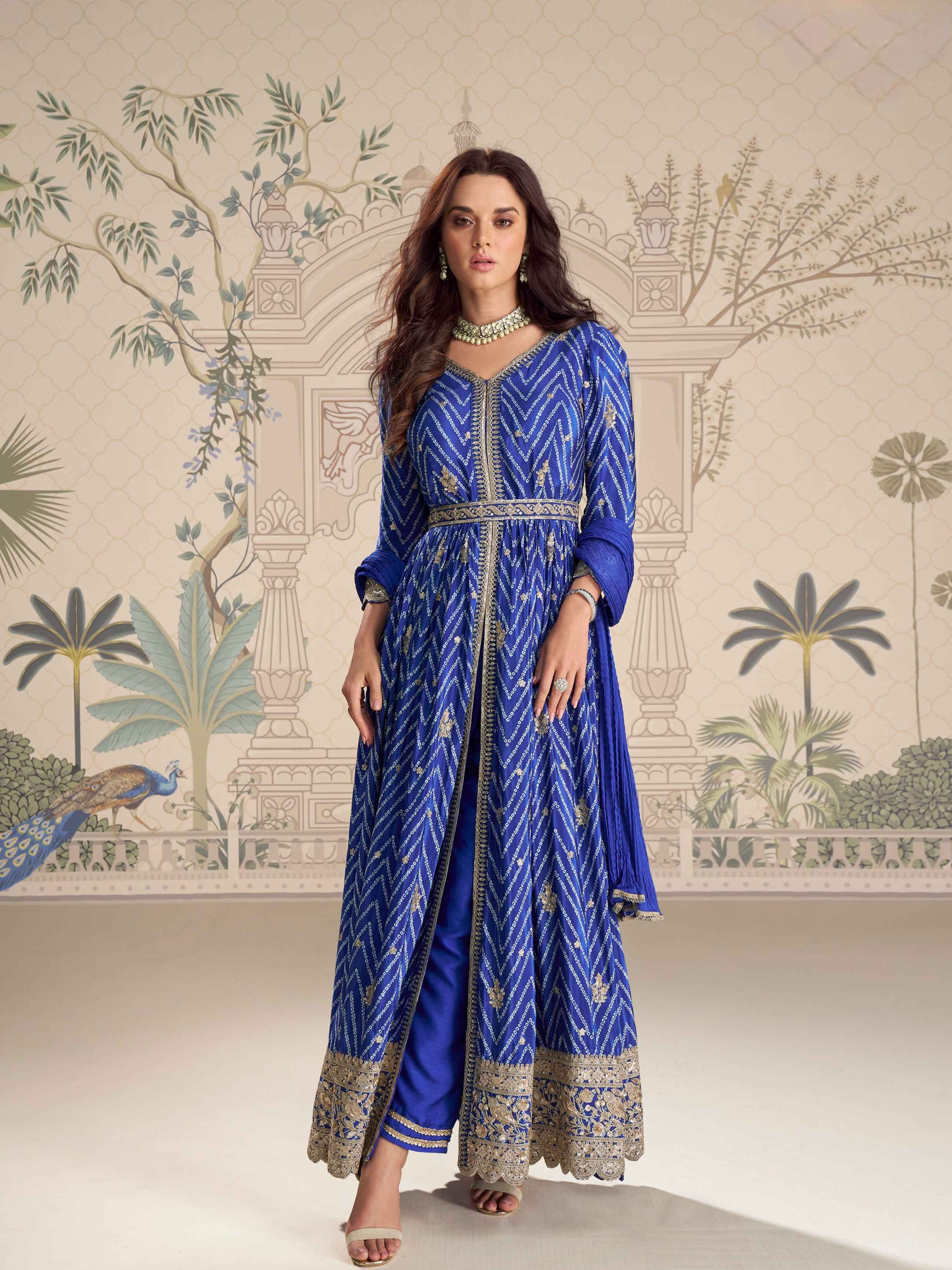 Royal Blue Chinon Silk Front-Cut Embroidered Anarkali Suit