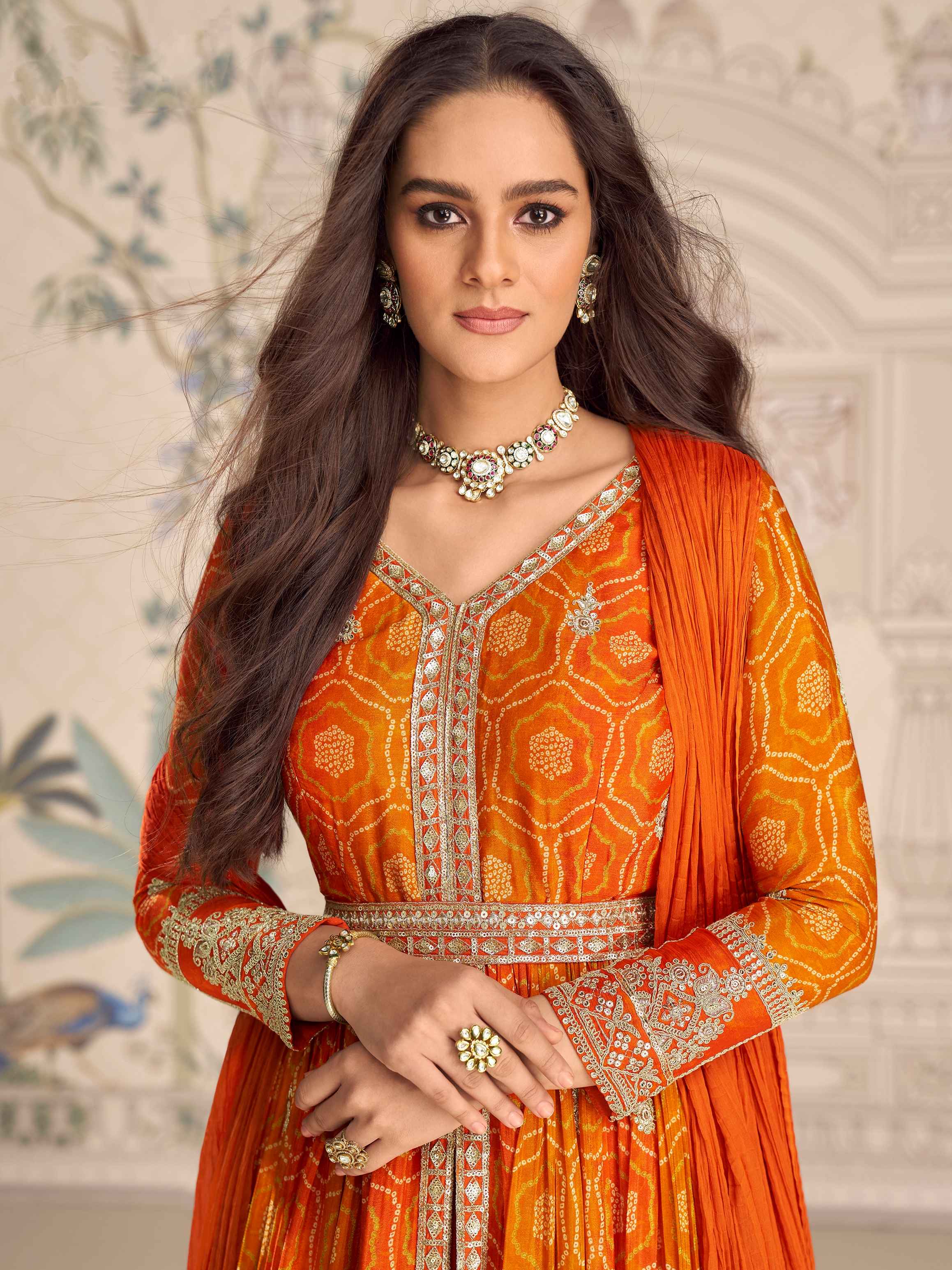 Orange Silk Anarkali Set with Heavy Embroidered Front-Cut Design