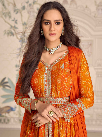 Orange Silk Anarkali Set with Heavy Embroidered Front-Cut Design Anarkali Set Anant Tex Exports Pvt.Ltd..