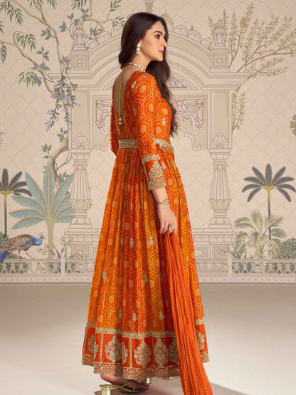 Orange Silk Anarkali Set with Heavy Embroidered Front-Cut Design Anarkali Set Anant Tex Exports Pvt.Ltd..