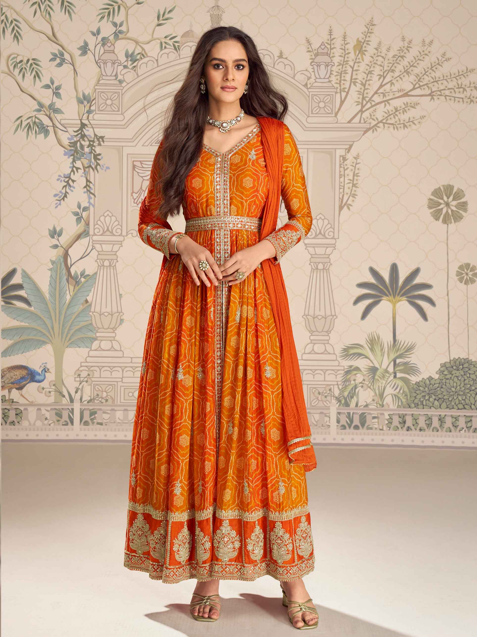 Orange Silk Anarkali Set with Heavy Embroidered Front-Cut Design